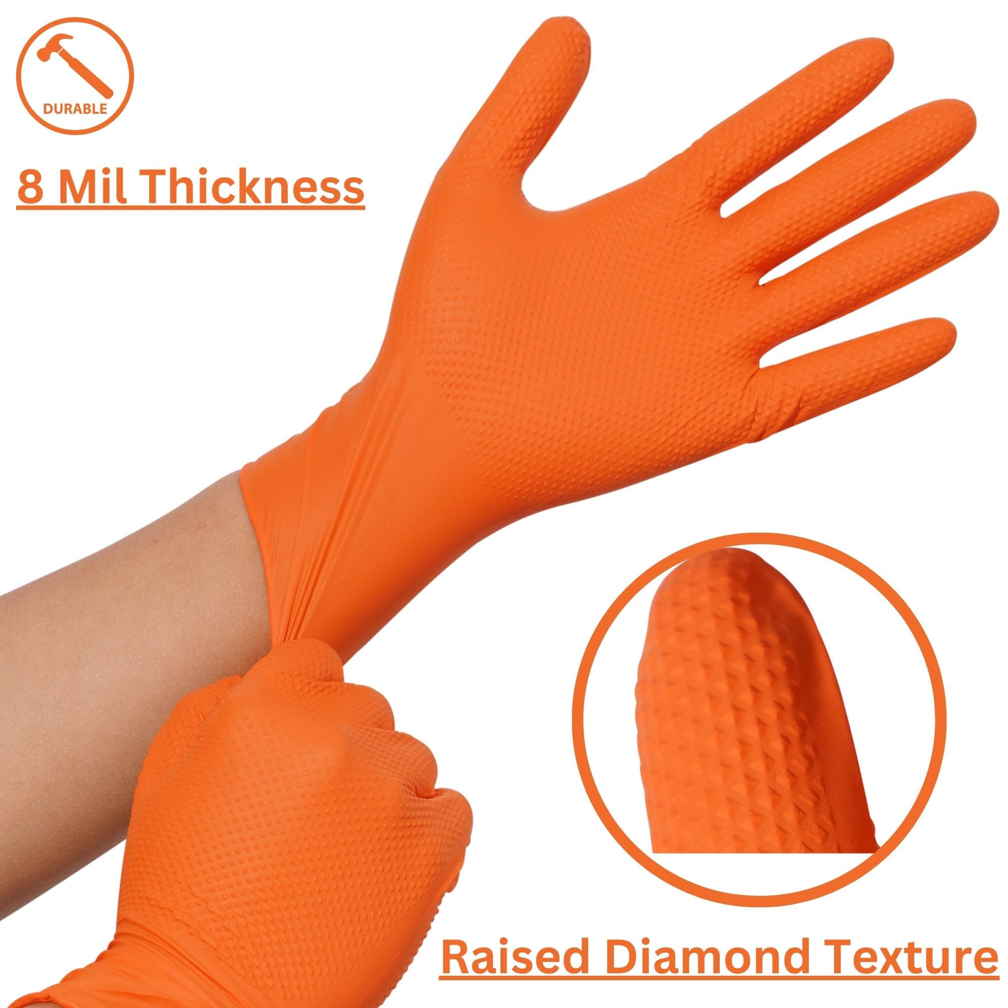 Industrial Nitrile Gloves - Heavy Duty, Powder-Free, Disposable, 8 Mil Thickness with Diamond Grip (Orange) - Ideal for Medical, Food Service, Cleaning & Industrial Use