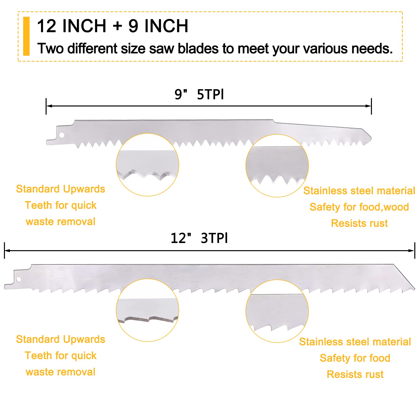 5 Pack Stainless Steel Reciprocating Saw Blades - Heavy Duty for Cutting Frozen Meat, Bone, Beef, Turkey & Wood Pruning - Ideal for Butchers, Hunters & DIY Woodworking Projects