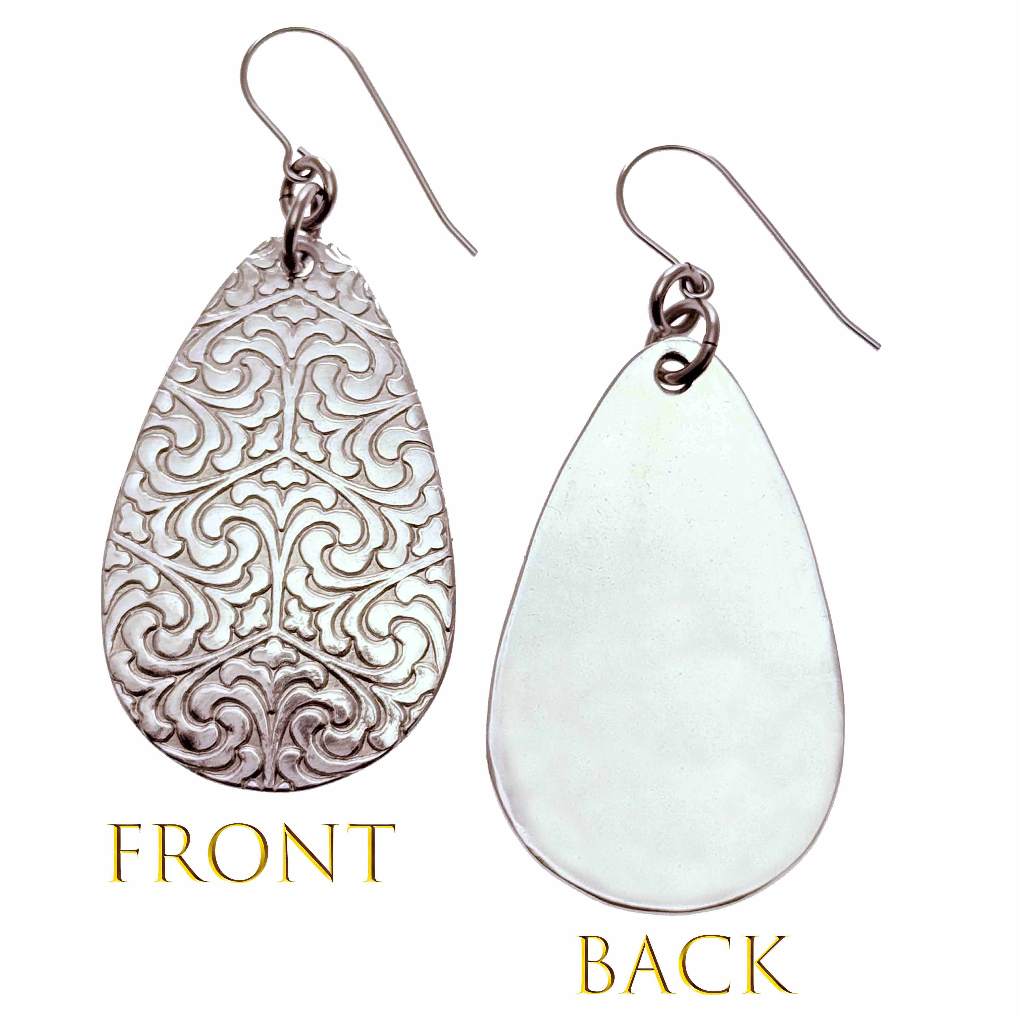 Elegant Damask Embossed Large Aluminum Teardrop Earrings for Women - Lightweight Fashion Jewelry for Parties, Weddings & Everyday Wear