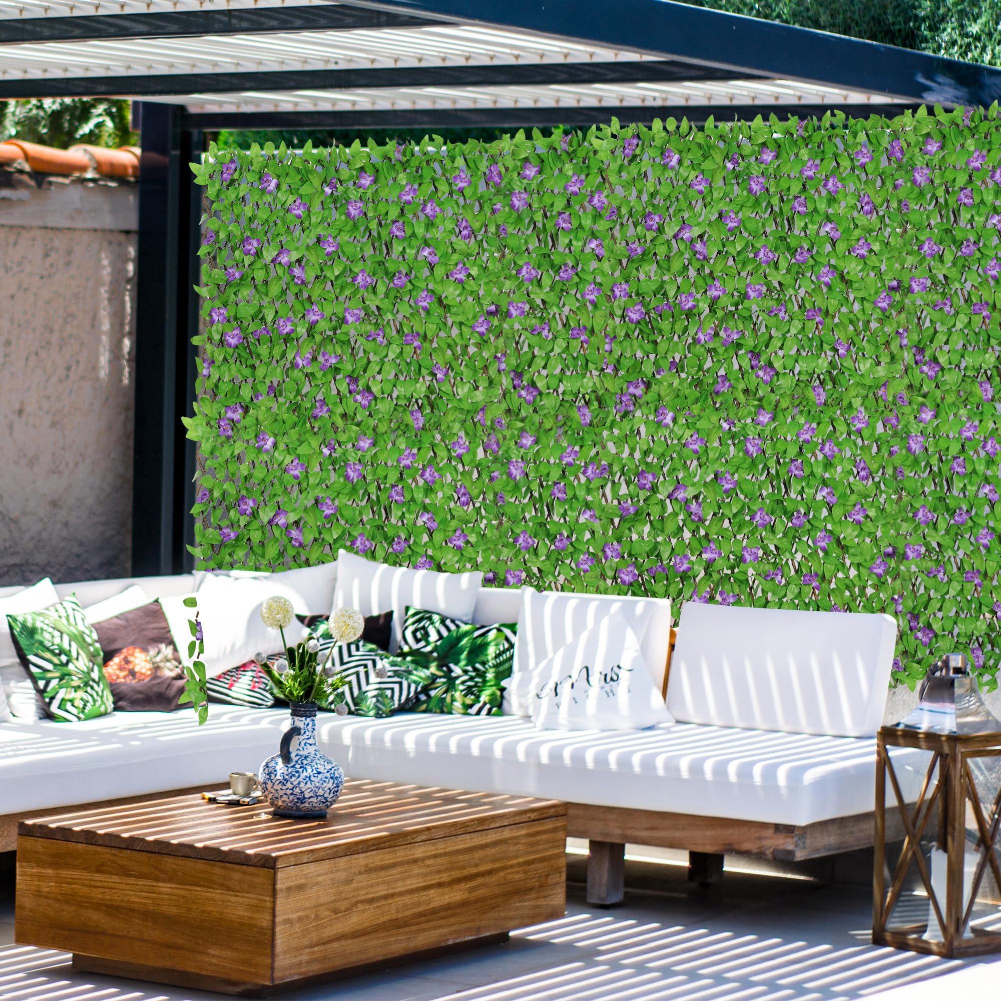 4 Pack Expandable Fence Privacy Screen - Decorative Artificial Ivy Greenery Fencing Panel with Purple Flowers for Balcony, Patio, Yard (Single Sided Leaves) | Outdoor Privacy Solution, Garden Decor, Backyard Screening