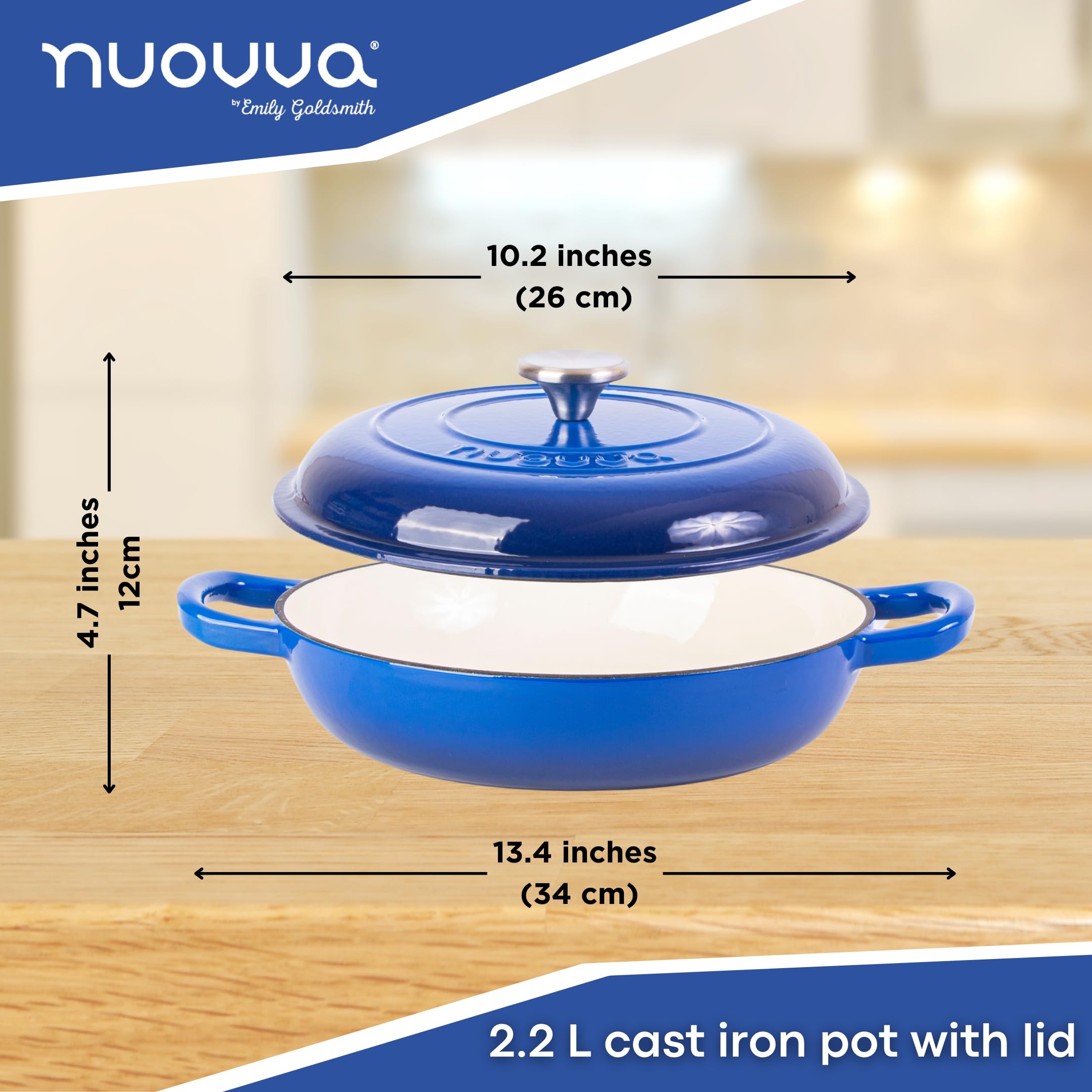 Nuovva 2.3-Quart Enameled Cast Iron Dutch Oven with Lid - Nonstick, Oven & Stovetop Safe up to 500°F - 26cm Dark Blue Casserole Pot for Braising, Stewing & Baking - Durable Enameled Cookware for Kitchen & Camping