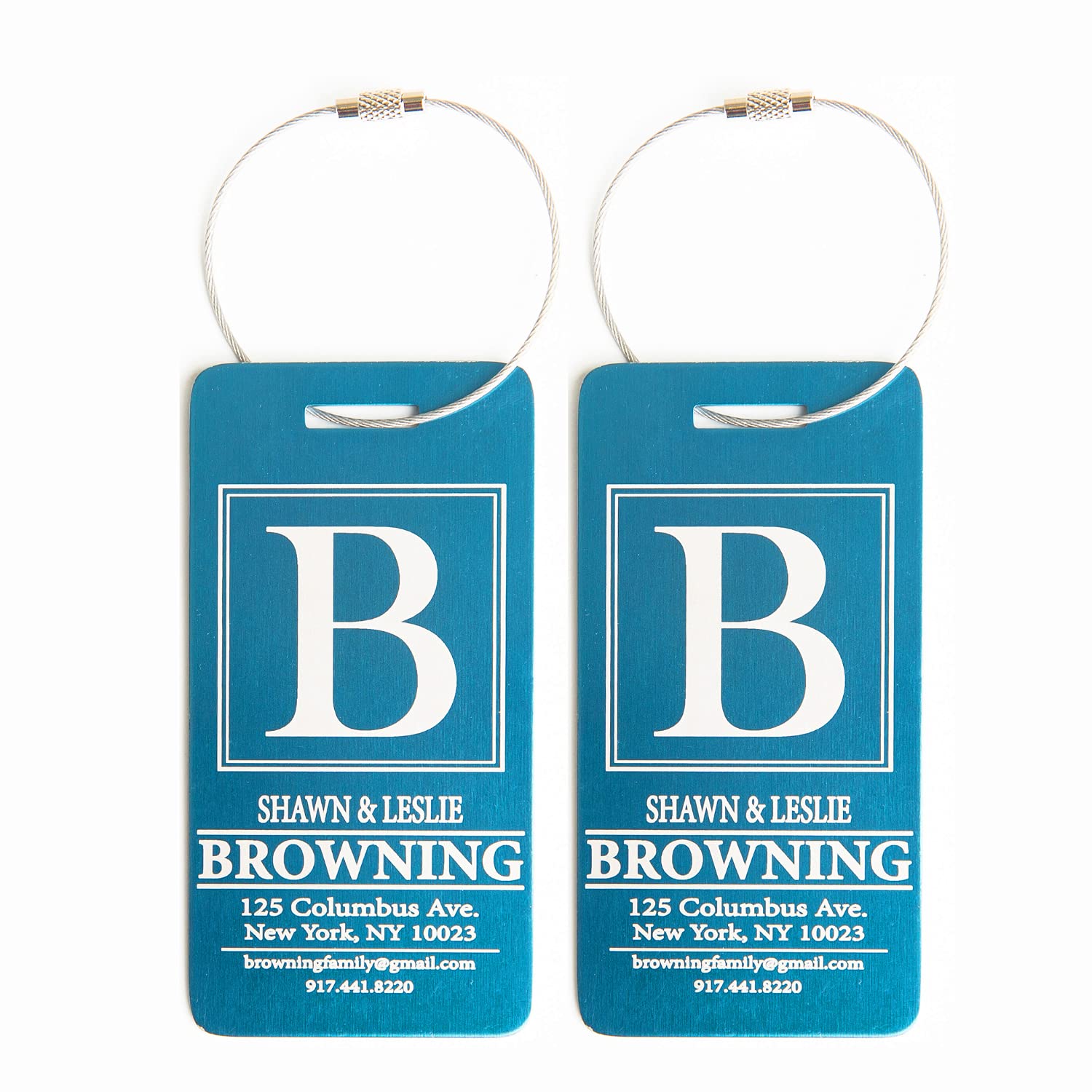 Personalized Metal Luggage Tags with Engraved Name - Set of 2 Aqua Travel Bag Tags for Suitcases - Unique Stocking Stuffers & Travel Accessories - Perfect for Airports, Cruise Vacations & Business Trips - Browning Design
