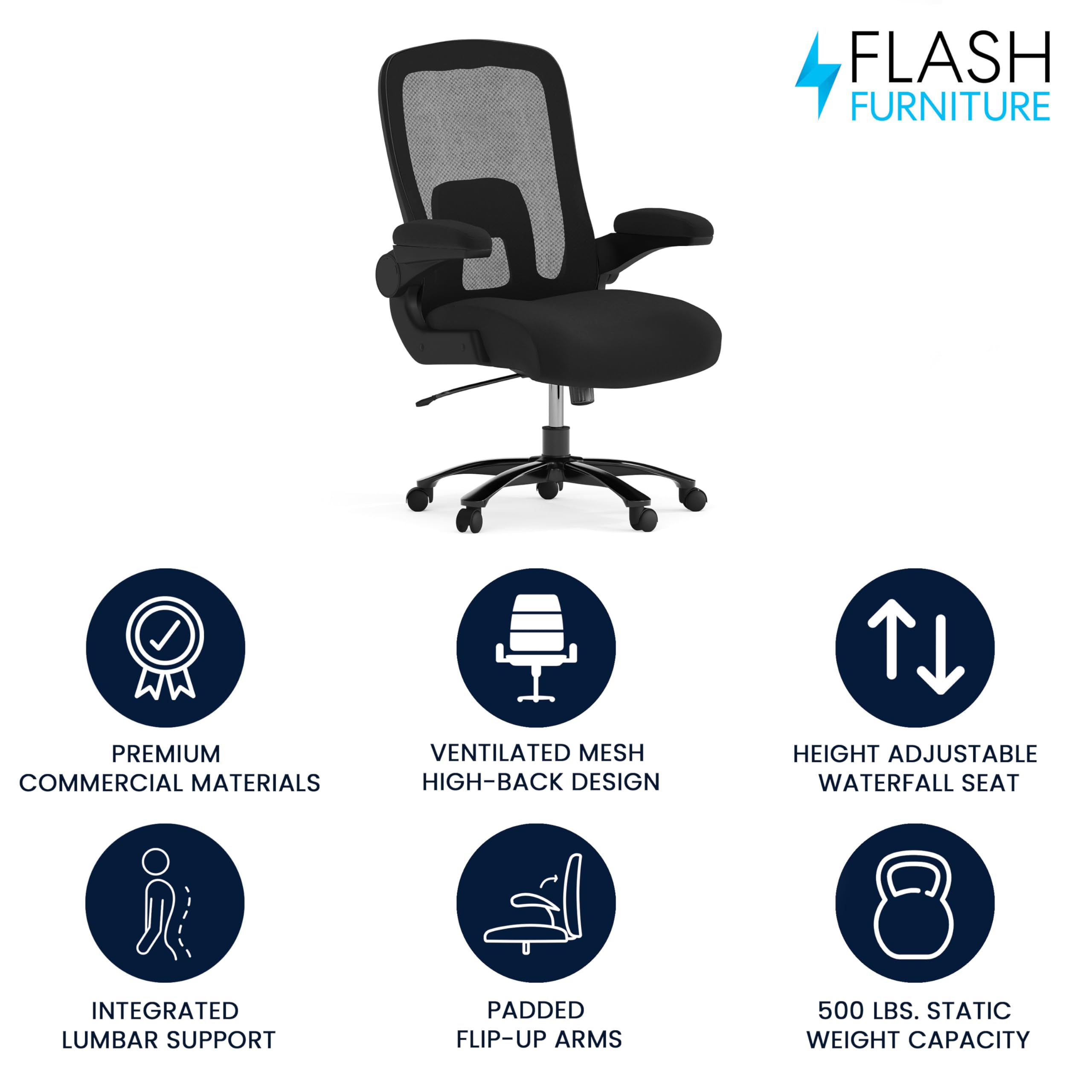 Flash Furniture Big & Tall Ergonomic Mesh Office & Gaming Chair with Lumbar Support, Adjustable Height & Flip-Up Armrests - Black - Perfect for Long Work Hours & Intense Gaming Sessions