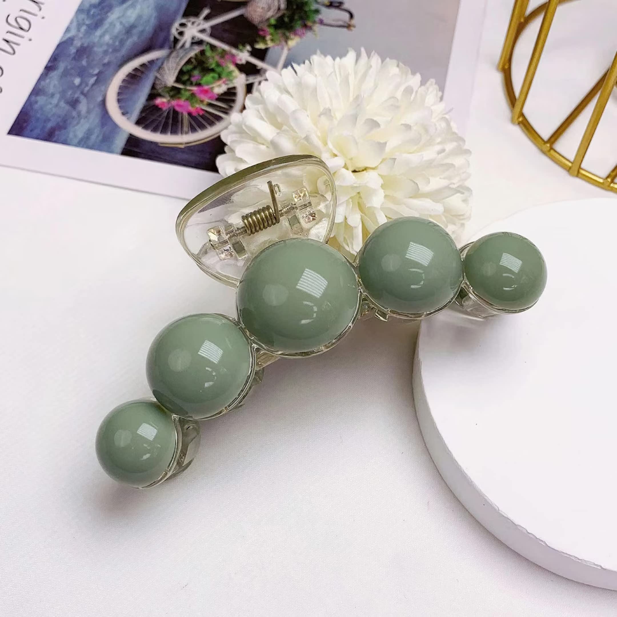 Korean Style Large Hair Claw Clip - Thick Hair Clutch for Women & Girls | Green Pearl Hair Accessories for Party & Daily Use