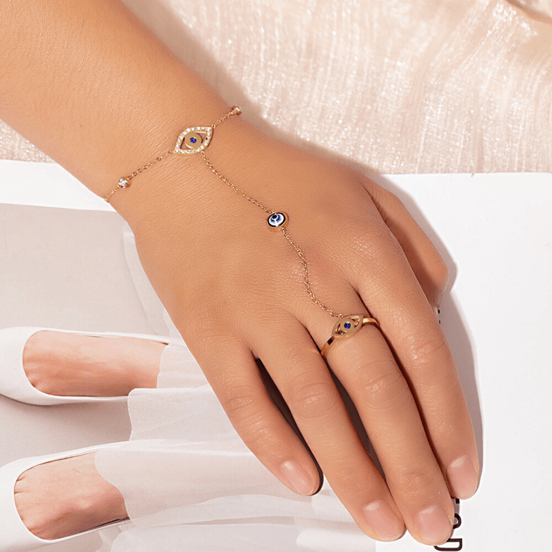 Y2K Evil Eye Hand Chain Bracelet for Women - Trendy Boho Adjustable Hand Jewelry for Protection & Style - Perfect for Festivals, Parties, and Layering with Other Bracelets