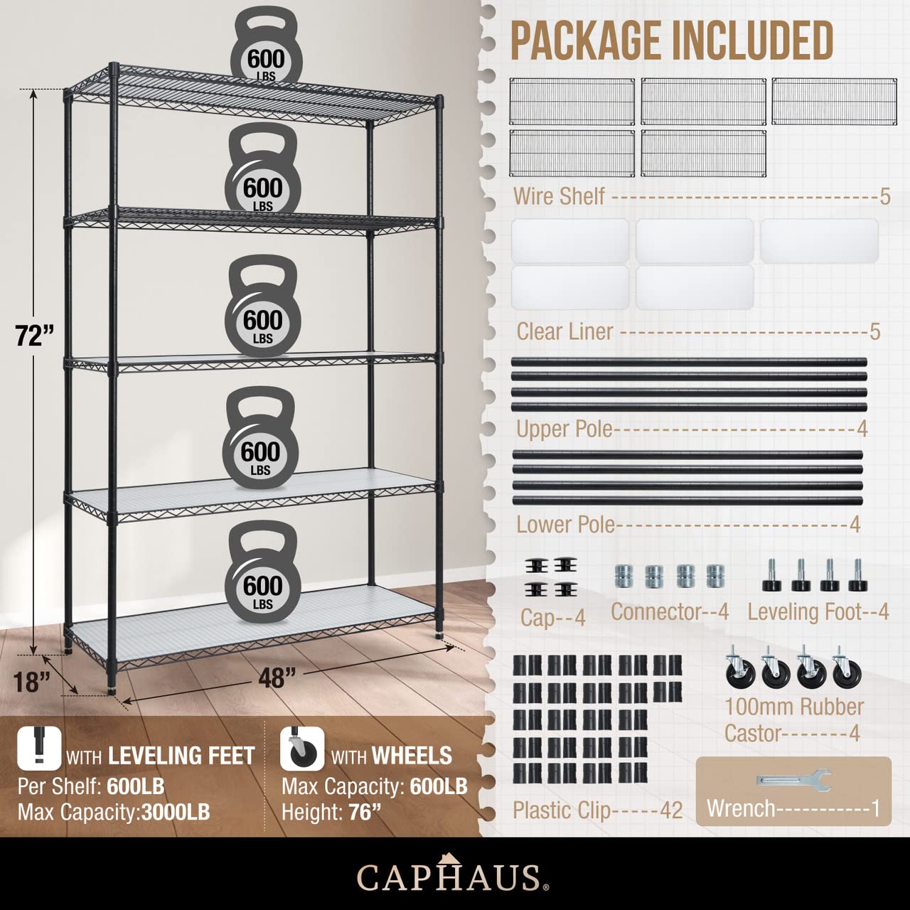 CAPHAUS NSF Commercial Grade Heavy Duty Wire Shelving with Wheels & Leveling Feet - 5-Tier Metal Storage Shelf (48