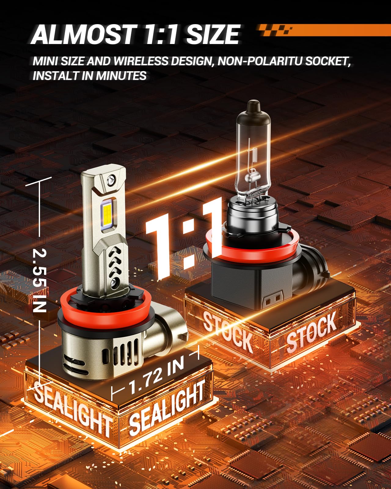 SEALIGHT H11/H8/H9 LED Bulbs - 34000LM Ultra Bright 900% Brighter Than Halogen - 6500K Cool White - Mini Size Direct Replacement - Wireless Fan Cooled Design - Plug & Play Installation - 2 Pack - Perfect for Car Headlight, Fog Light & Off-Road Lighting Upgrades