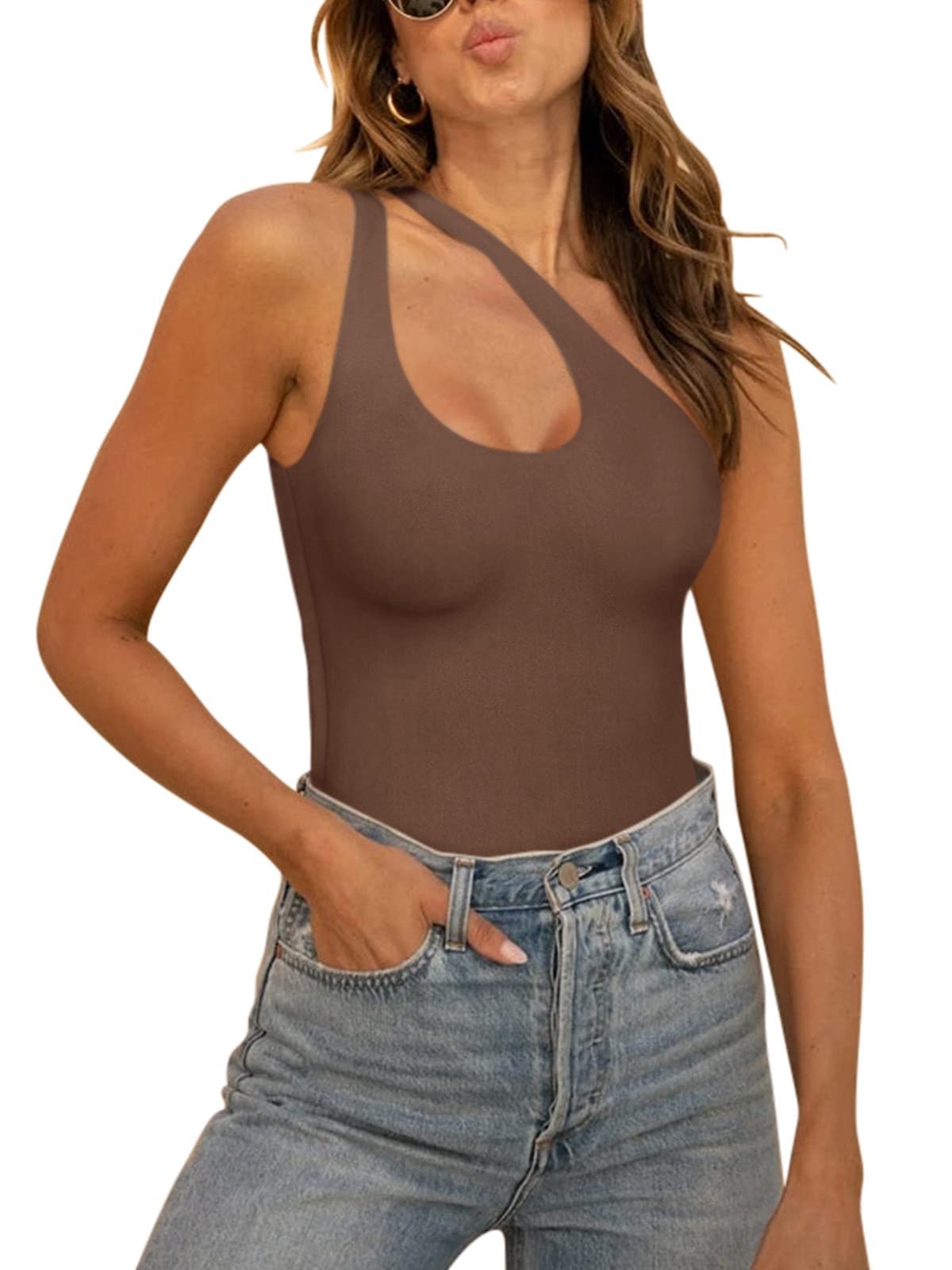 REORIA Women's Sexy One Shoulder Cutout Bodysuit - Sleeveless Backless Tank Top for Clubwear, Date Night & Summer Outfits