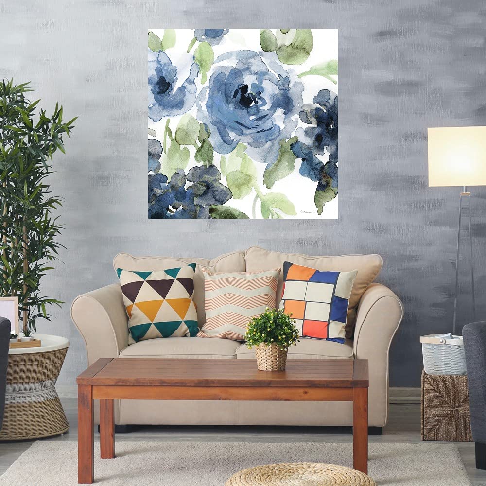 Botanical Wall Art Canvas - Blue Indigo Floral Painting by Carol Robinson 32x32 Inch, Bathroom & Bedroom Decor, Modern Plant Artwork for Home & Office