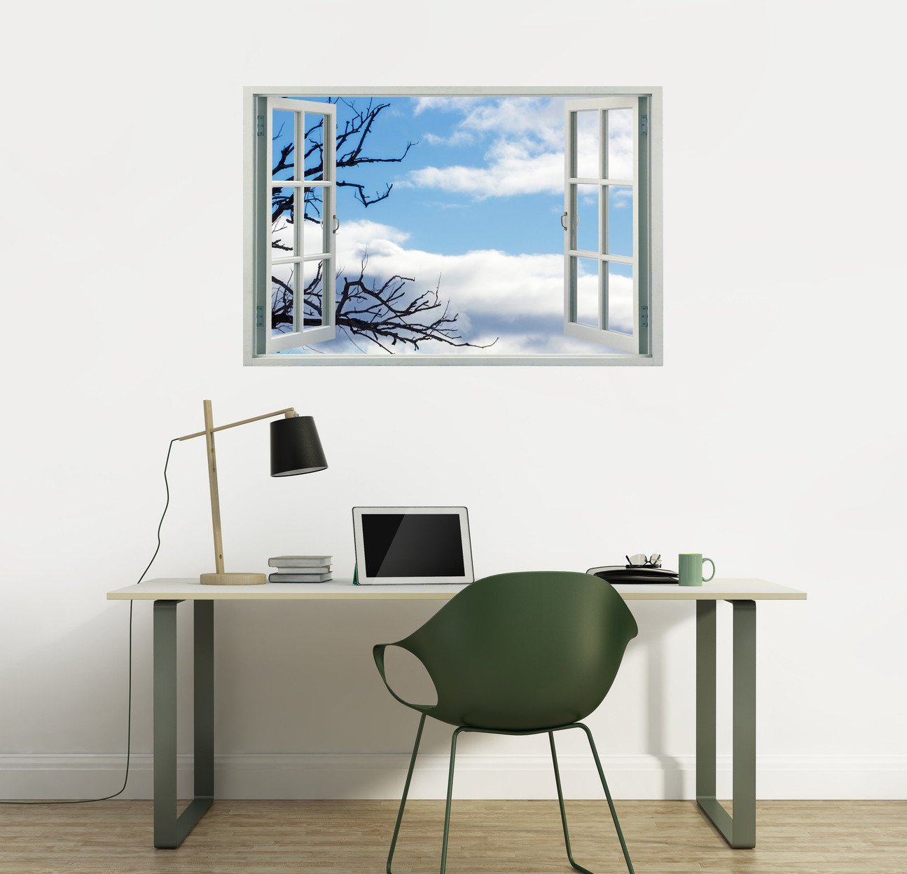 Peel and Stick Faux Window Wall Decal - Tree Branch with Clouds Design (36x24 Inch) - Perfect for Home Decor, Nursery, Office & Apartment Windows