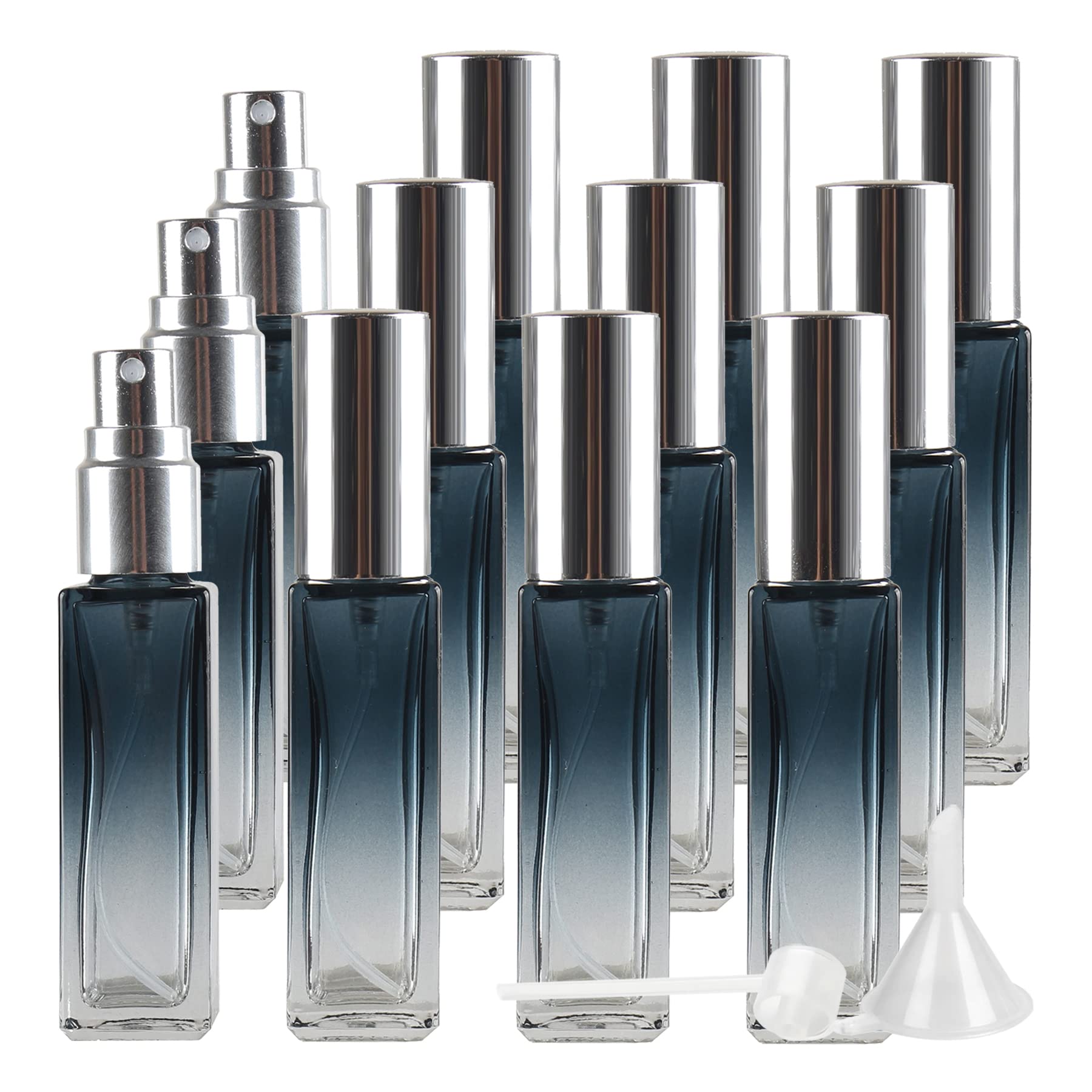LusDoly 12 Pack 9ml Gradient Green Glass Perfume Atomizer Bottle with Silver Sprayer - Refillable Travel Size Fine Mist Spray Bottles for Fragrance Samples, Essential Oils & Makeup Setting Spray (Perfect for Travel, Gym, Purse & Gift Sets)