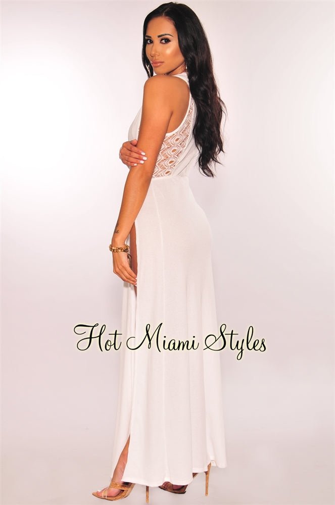 Elegant White Crochet Double Slit Maxi Dress for Women - Boho Beach Cover Up, Summer Vacation, Pool Party & Date Night Outfit