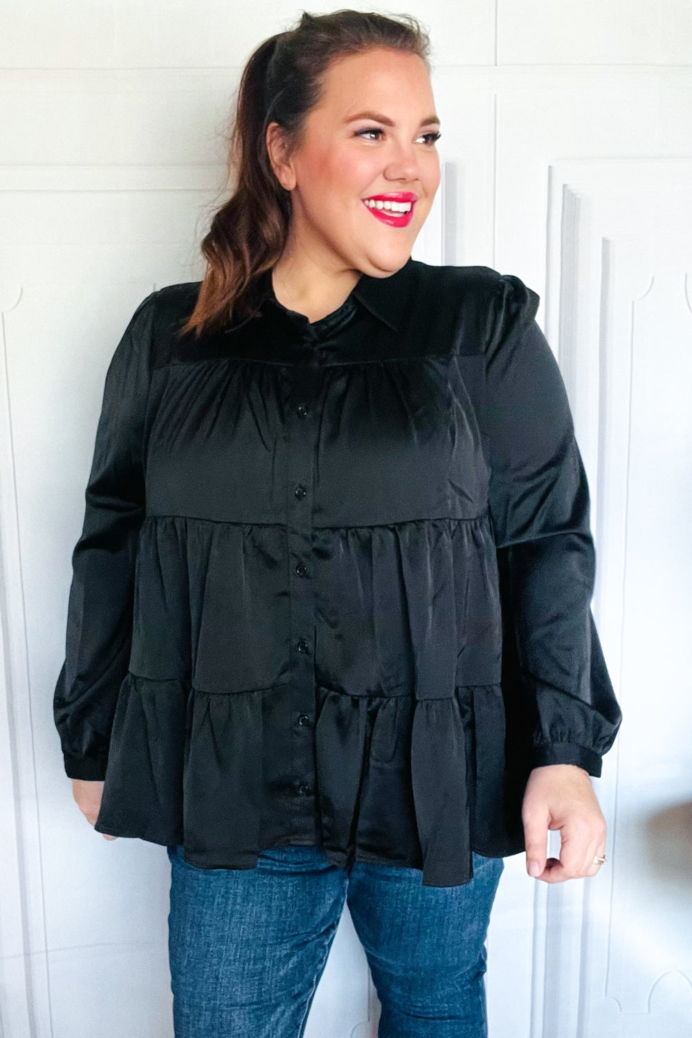 Perfectly You Black Button Down Tiered Babydoll Satin Top for Women | Elegant Sleeveless Blouse for Party, Date Night & Special Occasions