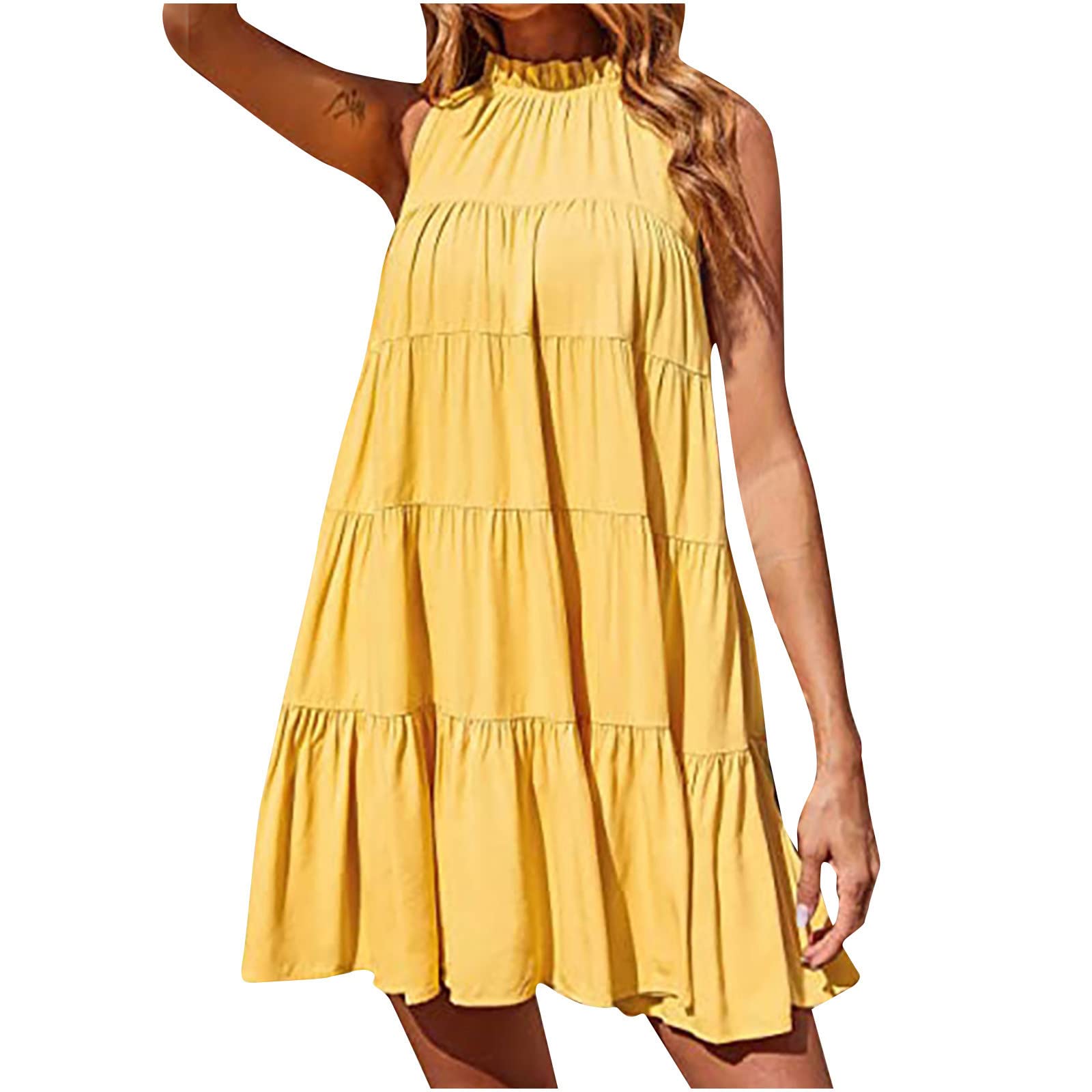 Maqroz Women's Summer Casual Dress - Halter Round Neck Sleeveless Mini Dress with Ruffles & Pleats, Solid Color Swing Dress for Beach, Vacation, and Outdoor Parties