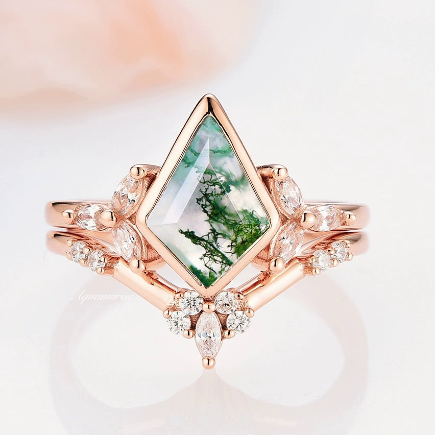 14K Rose Gold Vermeil Kite Green Moss Agate Ring Set for Women - Elegant Boho Jewelry Gift for Birthday, Anniversary & Special Occasions