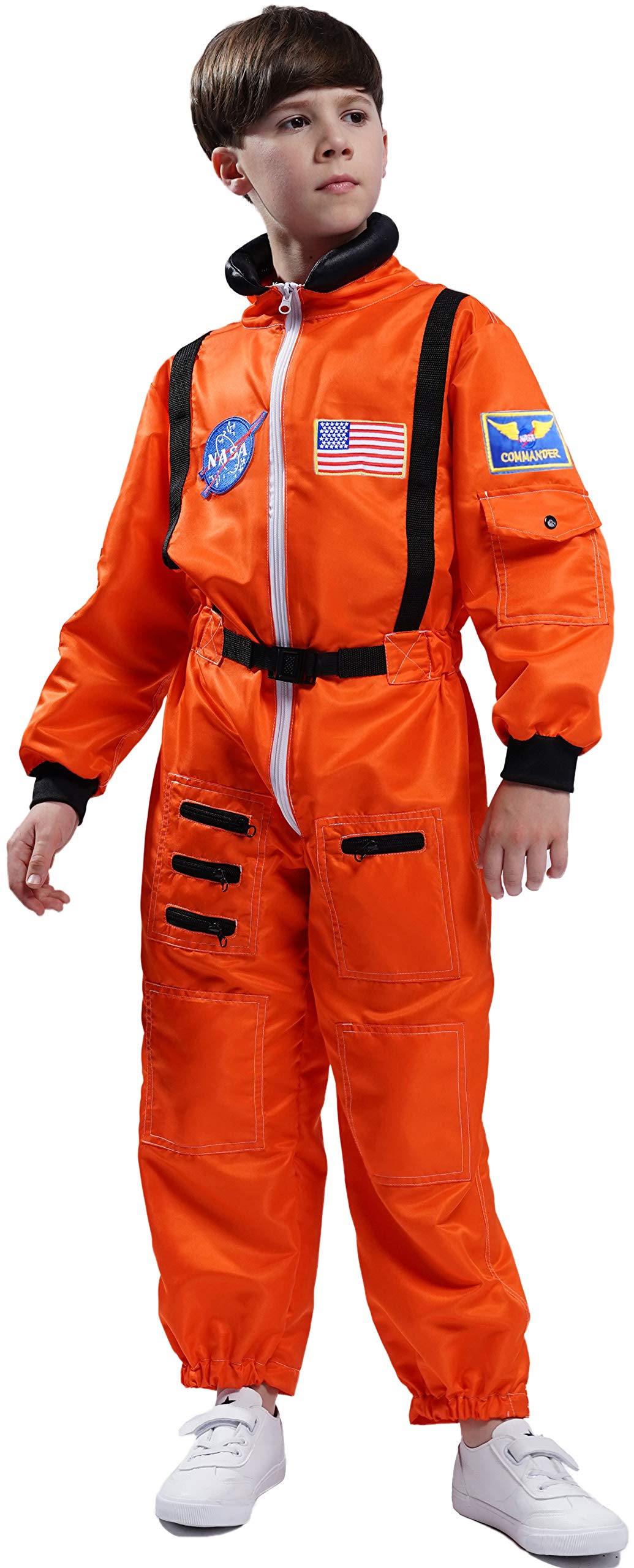 Kids Astronaut Costume Space Suit Onesie - Embroidered Patches & Pockets for Boys & Toddlers (8/10, Orange) | Perfect for Halloween, Space Themed Birthday Parties & Dress-Up Play