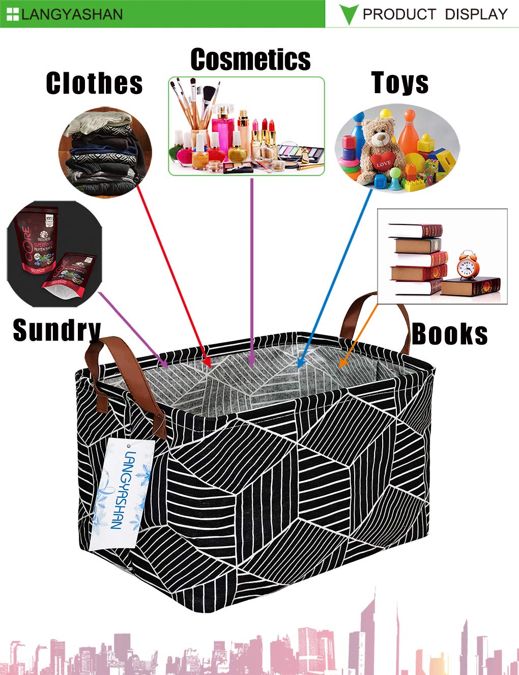 Collapsible Rectangular Storage Bin with Handles - Foldable Canvas Fabric Basket for Home Organization, Kitchen, Kids Toys, Office & Closet - Black Diamond Pattern (Perfect for Nursery, Playroom & Bedroom Storage)