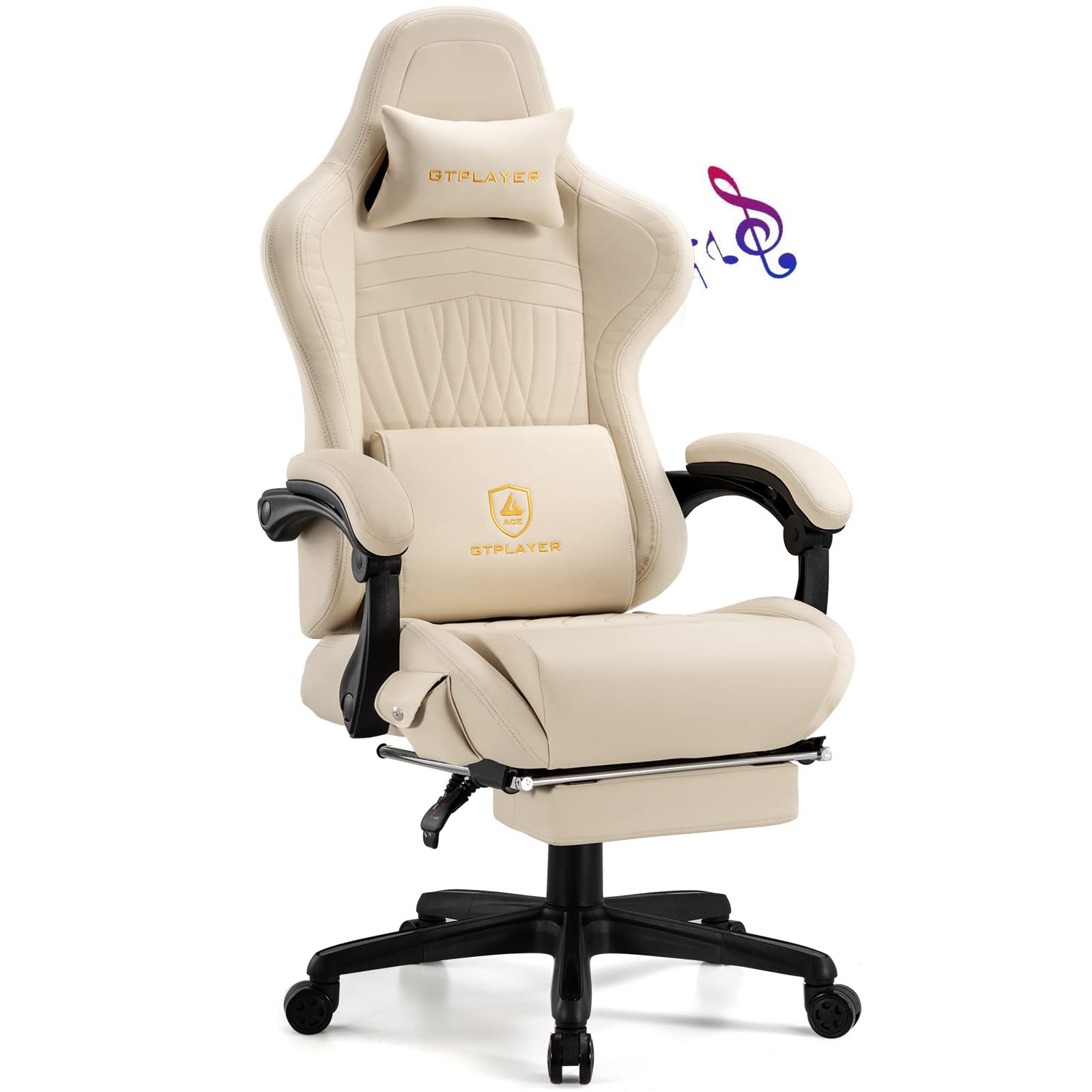 GTPLAYER Ergonomic Gaming Chair with Footrest & Bluetooth Speakers - High Back Reclining Computer Chair with Linkage Armrests for Adults - Office & Home Gaming Setup (Leather, Ivory) - Perfect for PC Gaming, Streaming & Work from Home
