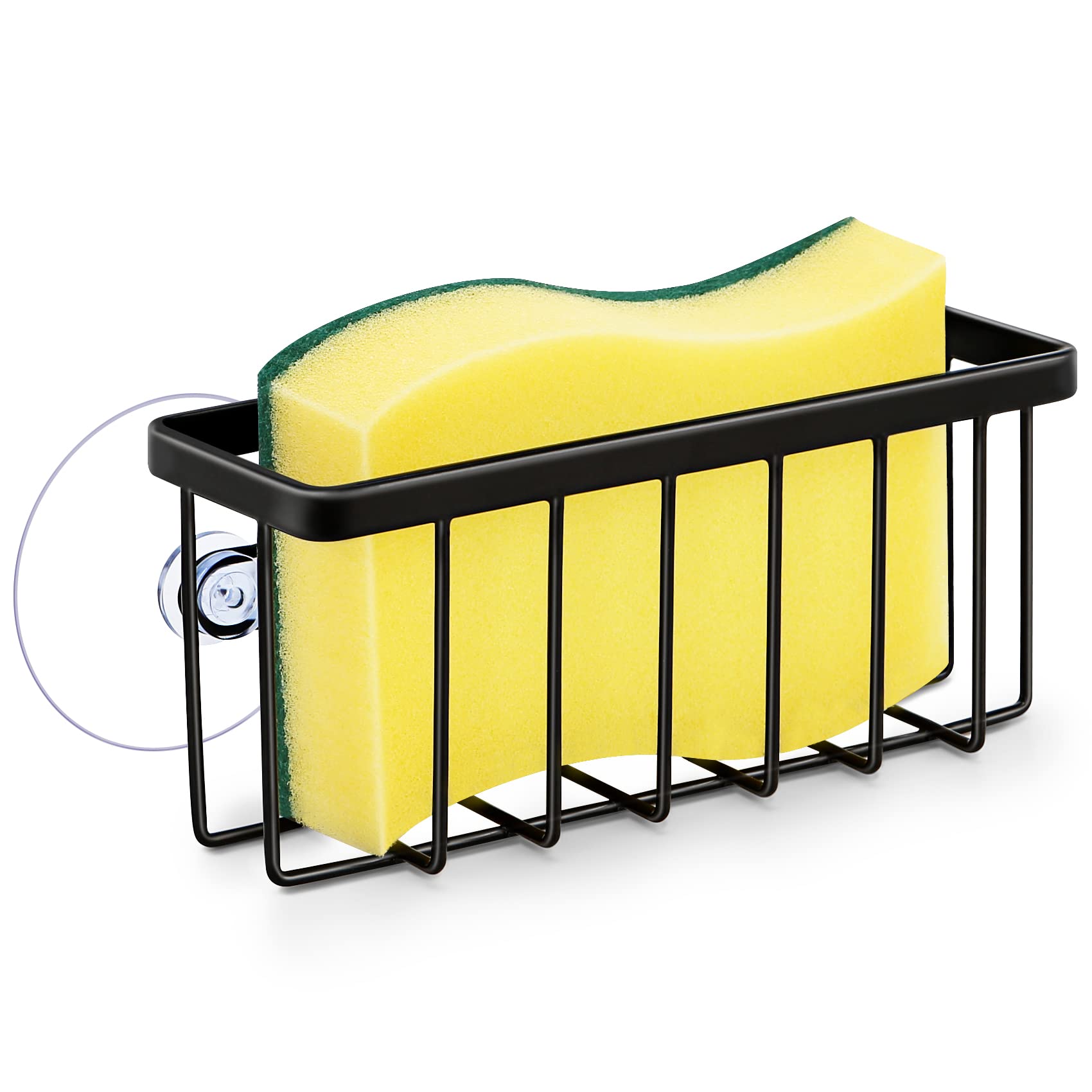 Stainless Steel Kitchen Sink Sponge Holder with Strong Suction - Black Dish Sponge Caddy for Organizing Cleaning Supplies | Perfect for Small Kitchens, RVs & Apartments