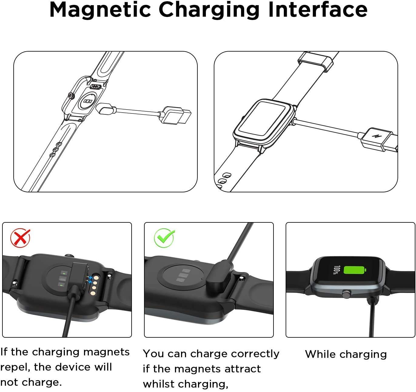 Magnetic USB Charging Cable for AMAZTIM C20 Smartwatch - Replacement Charger Compatible with Kospet Tank M1 Pro, T1 Pro, C20, C16 & PYRODUM GT600 Smartwatches (Black) - Perfect for Home, Office & Travel Use