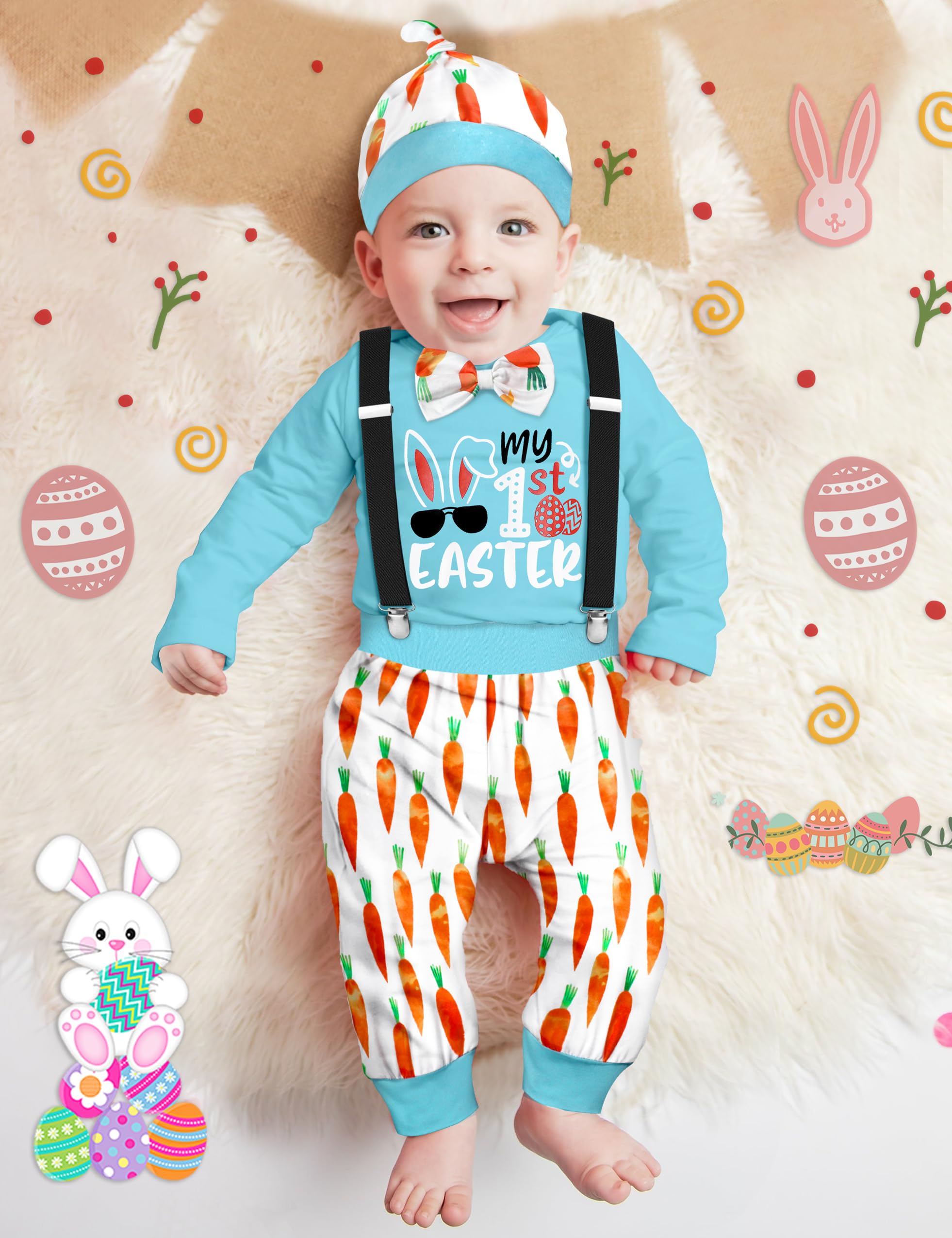 Easter Outfit for Baby Boys - 3Pcs Carrot Print Romper with Suspenders & Hat | Adorable Easter Baby Clothes for Boys | Perfect for Easter Photos, Church, and Family Gatherings