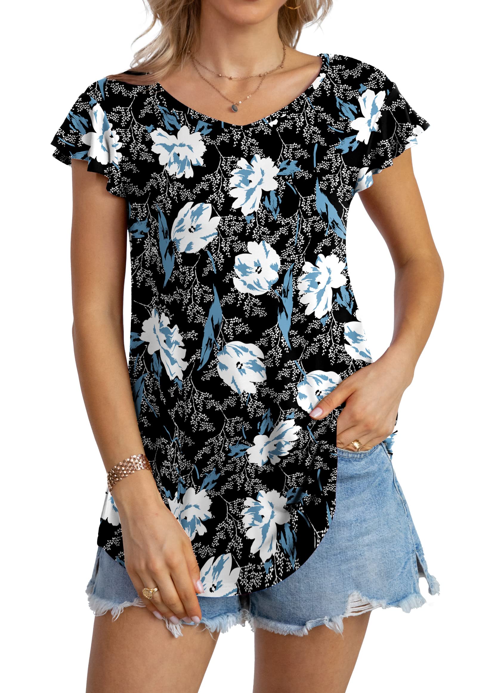 AskYes Women's Summer Knit Tee Shirt - Casual Ruffle Short Sleeve V-Neck Tunic Top Loose Blouse for Women | Perfect for Beach Outings, Date Nights & Summer Vacation Outfits