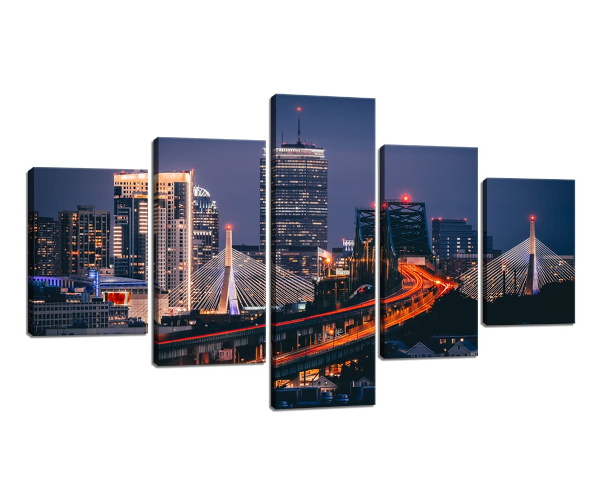 Boston Skyline at Night Canvas Wall Art - 5 Piece Framed Cityscape Painting Set, Modern Home Decor for Living Room, Office & Bedroom - Ready to Hang Gallery-Wrapped (70''W x 40''H) - Perfect for Urban Style Interiors & Gift Giving