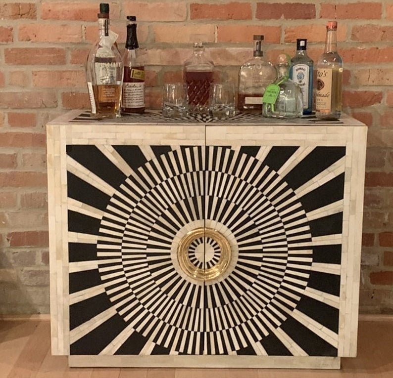 Handmade Black and White Bone Inlay Bar Cabinet with Two Doors - Perfect for Home Bar, Dining Room, and Living Room Decor