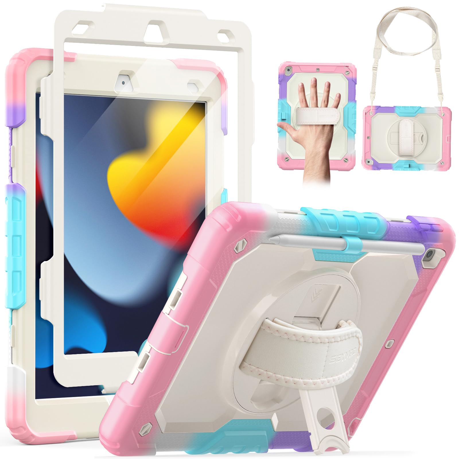 SEYMAC Shockproof Kids Case for iPad 9th/8th/7th Gen 10.2 Inch - Heavy Duty Protective Cover with Screen Protector, Rotating Stand, Handle & Shoulder Strap - Perfect for School, Travel & Learning (Pink)