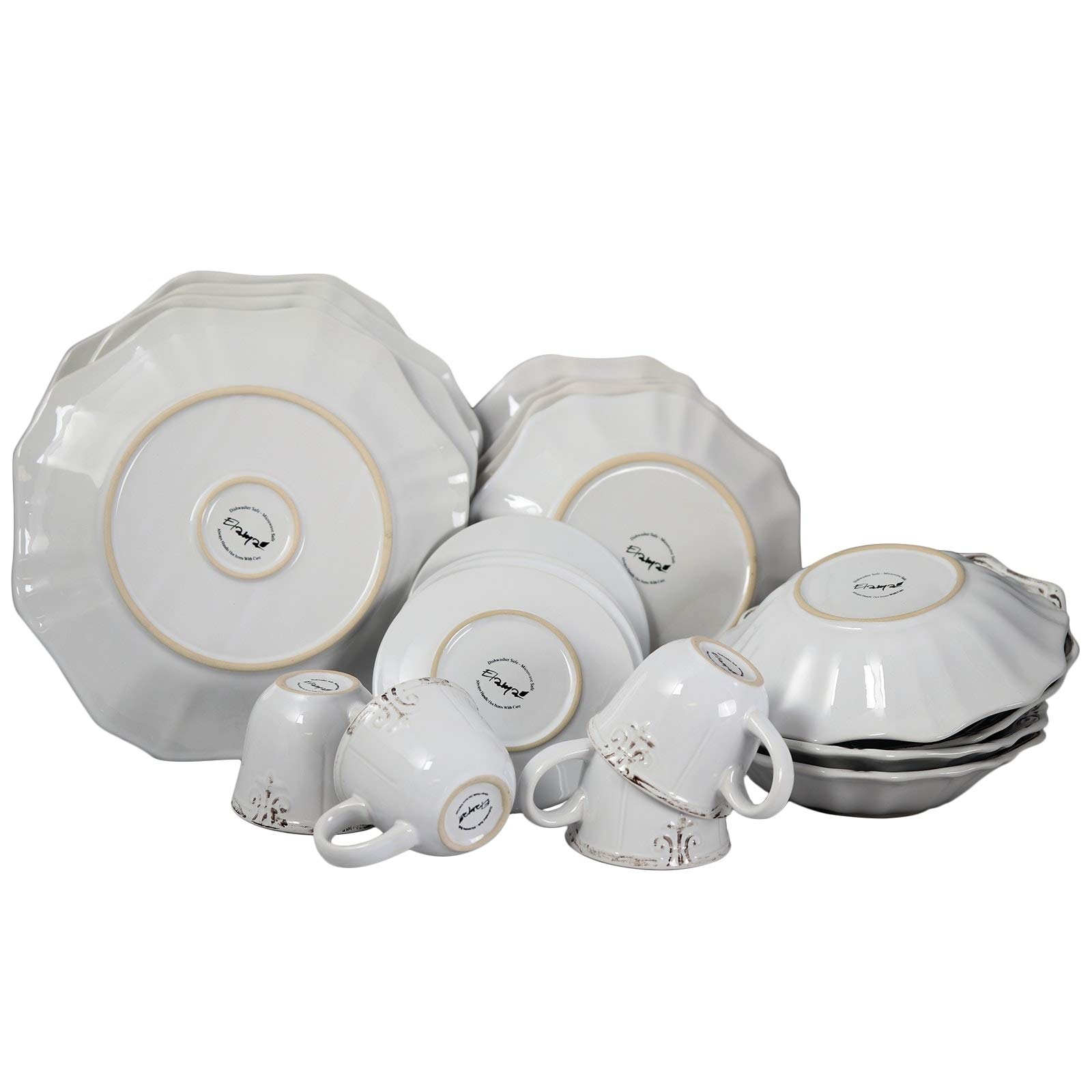 20-Piece White Textured Stoneware Dinnerware Set with Beveled Edge - Microwave Safe, Dishwasher Safe - Perfect for Casual Dining, Family Gatherings & Everyday Use