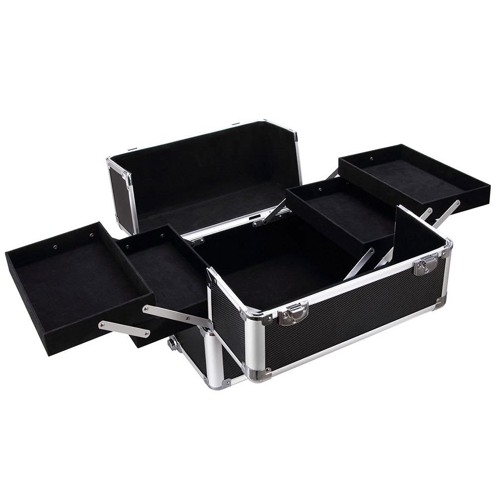 4 in 1 Professional Aluminum Makeup Train Case with Wheels - Rolling Cosmetic Organizer for Beauty Artists, Stylists & Travel - Black | Perfect for Salon, Bridal & On-Site Makeup Services