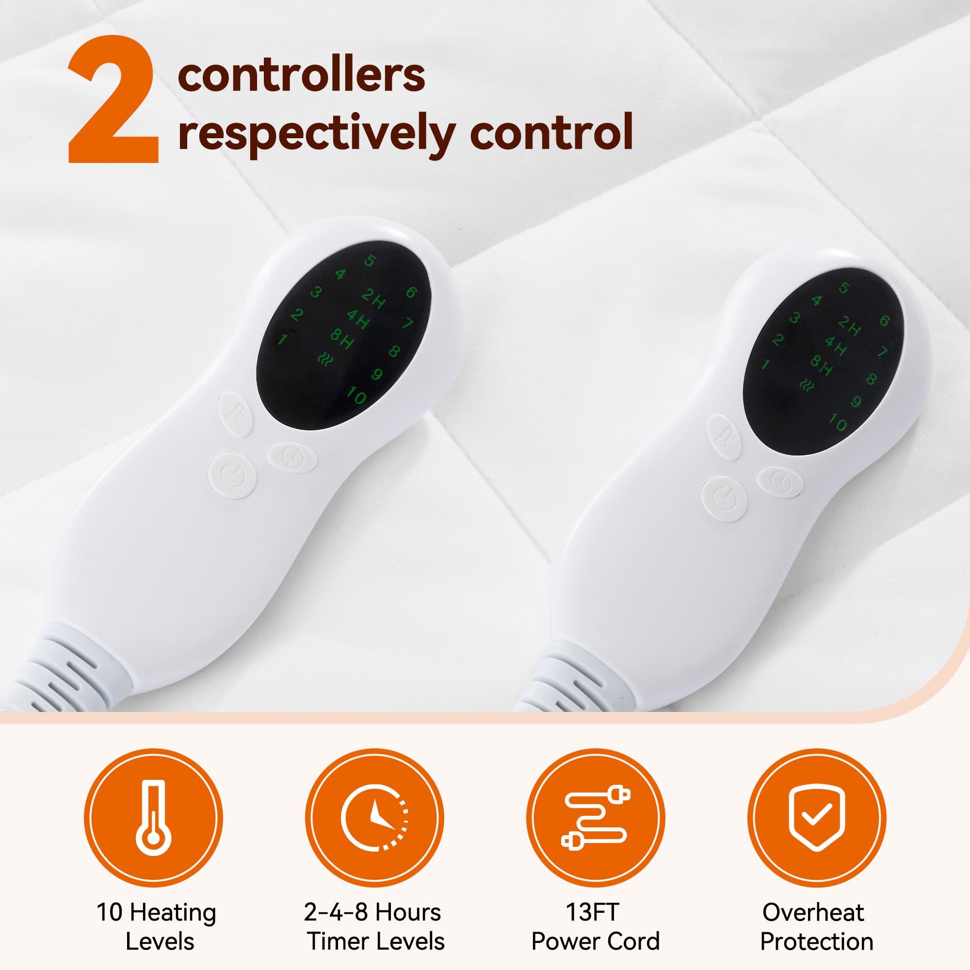 Electric Heated Mattress Pad Queen Size - Dual Control Luxury Bed Warmer with 10 Heat Settings & Auto Off (2/4/8 Hours) | Fits Up to 18