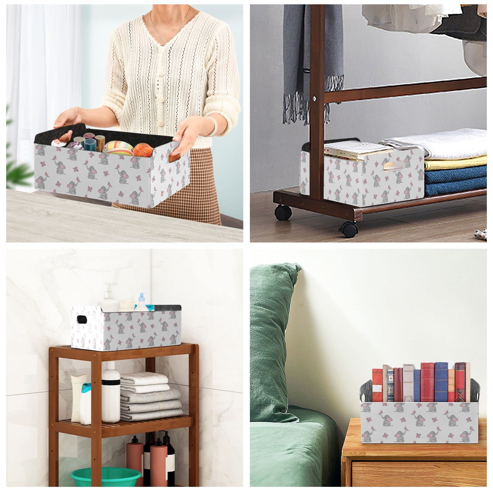 Elephant & Butterfly Design Rectangular Felt Desk Organizer Tray - Detachable Storage Plate for Jewelry, Vanity & Counter Tissues | Foldable Valet Tray for Home Office Organization (Perfect for Makeup, Keys & Small Accessories)