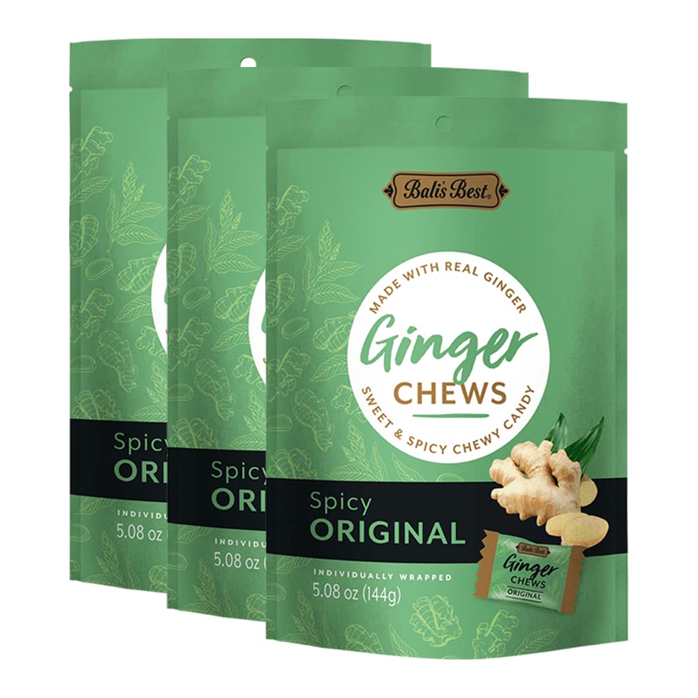 Bali's Best Spicy Original Ginger Chews - Natural Ginger Candy (3 Pack, 5.08oz x 3 Bags) - Sweet & Chewy Snacks for Digestion, Nausea Relief - Perfect for Travel, Office Snacks & Holiday Gift Baskets