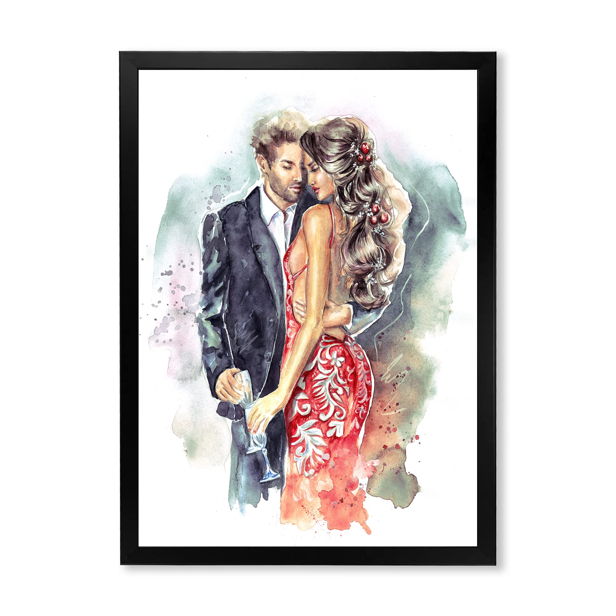 Romantic Couple with Champagne Glasses New Year Wall Art - Elegant Framed Home Decor for Living Room, Bedroom & Wedding Anniversary Gifts