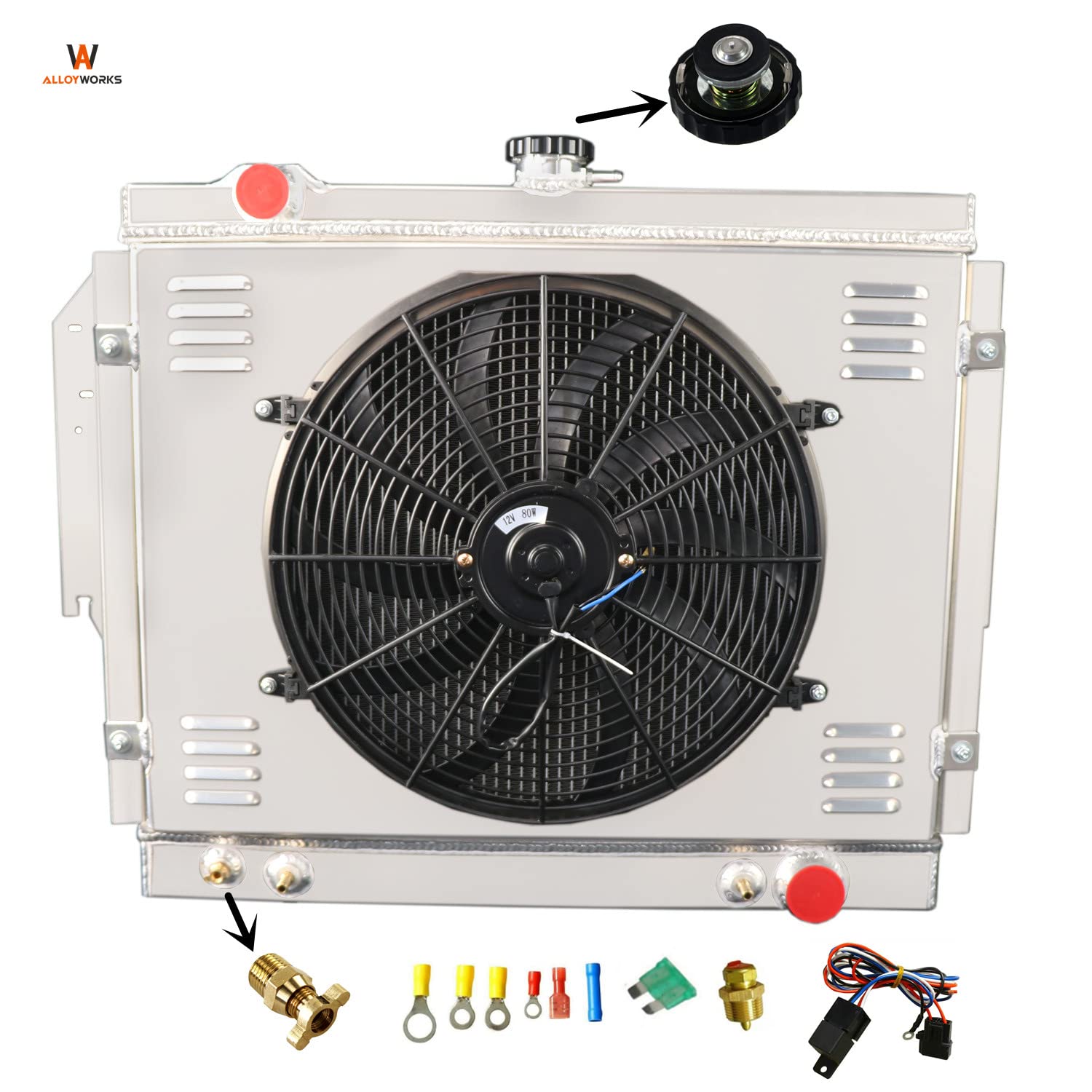 ALLOYWORKS 3-Row Aluminum Radiator with Shroud Fan & Relay Kit for 1979-1993 Dodge D/W Series 100-450 & Ramcharger | 5.2L 5.9L V8 Engine | Heavy-Duty Cooling Upgrade for Off-Road & Towing