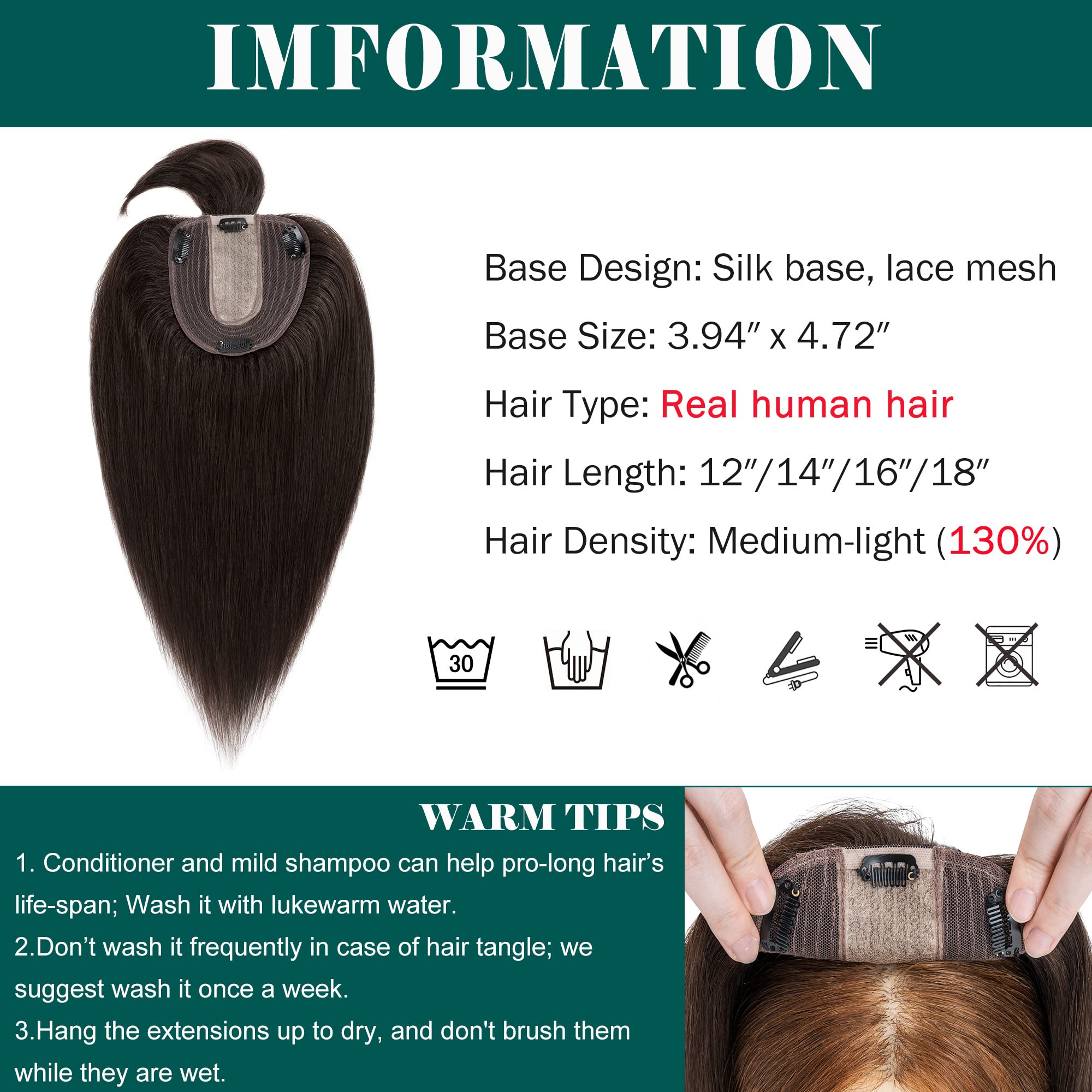 Premium 130% Density Human Hair Toppers with Bangs - Hand-Tied Silk Base Clip-In Hairpiece for Women with Thinning Hair | Hair Loss Solution & Gray Coverage | 14 Inch 45g Dark Brown | Perfect for Daily Wear, Special Occasions & Styling Versatility