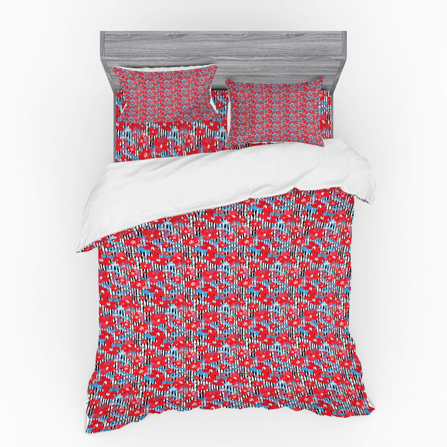 Ambesonne Floral Queen Size 4-Piece Bedding Set - Dark Pink & Sky Blue Budding Flowers with Stripes Duvet Cover, Shams & Fitted Sheet | Perfect for Spring Bedroom Decor & Guest Room Refresh
