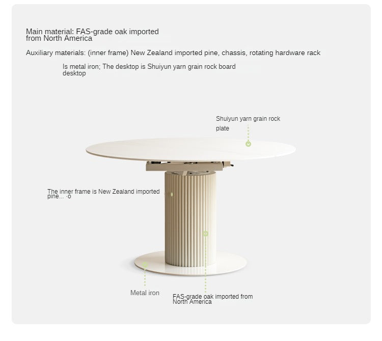 Solid Oak Wood Round Extendable Dining Table with Rock Plate Design - Cream Finish for Modern Dining Room & Kitchen Decor