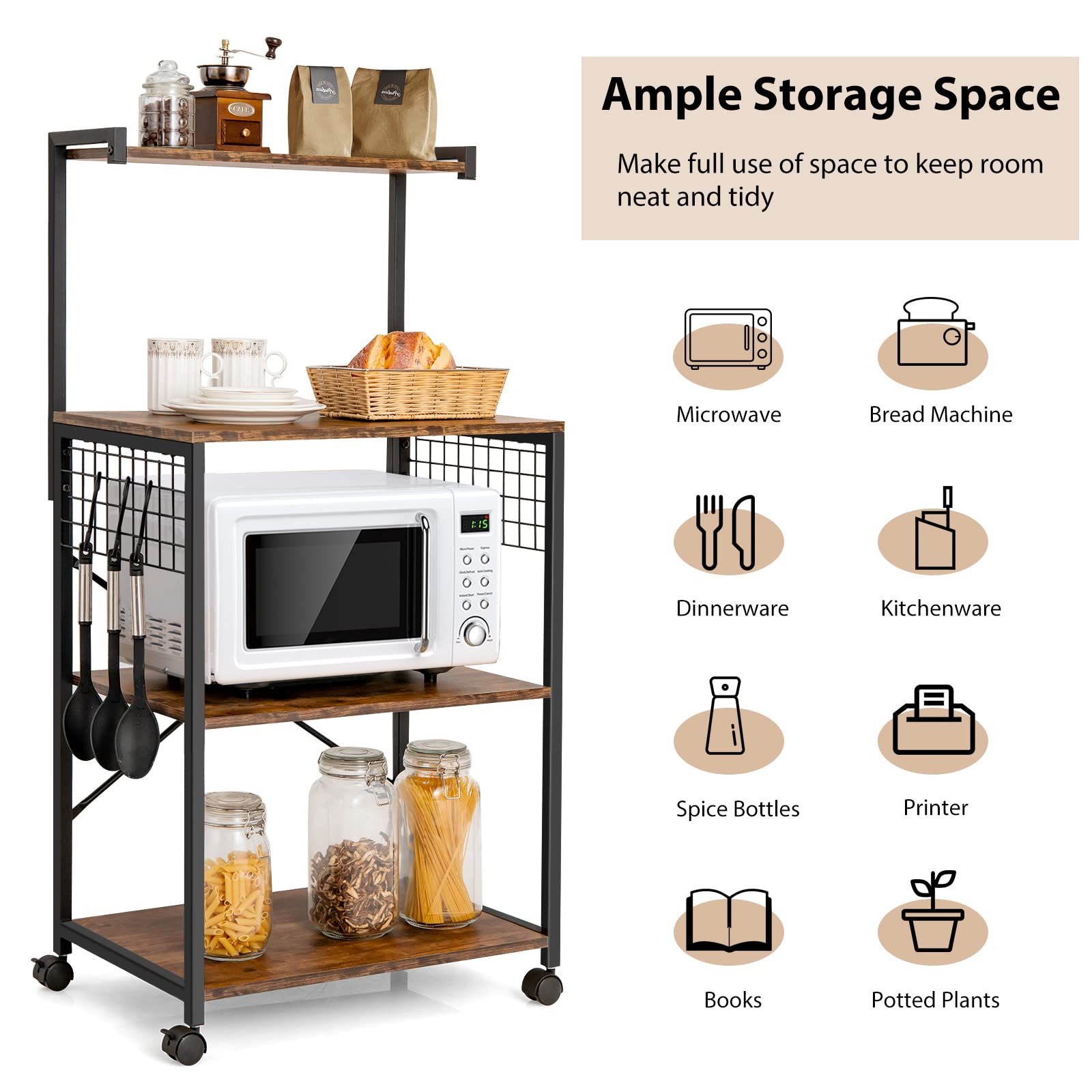 Giantex Industrial Rolling Kitchen Baker Rack with Wheels - 3 Hooks, Wood Shelves & Metal Frame - Microwave Stand, Storage Shelf for Dining Room & Pantry Organization (Rustic Brown) - Perfect for Small Kitchens, Bakeries & Home Storage Solutions