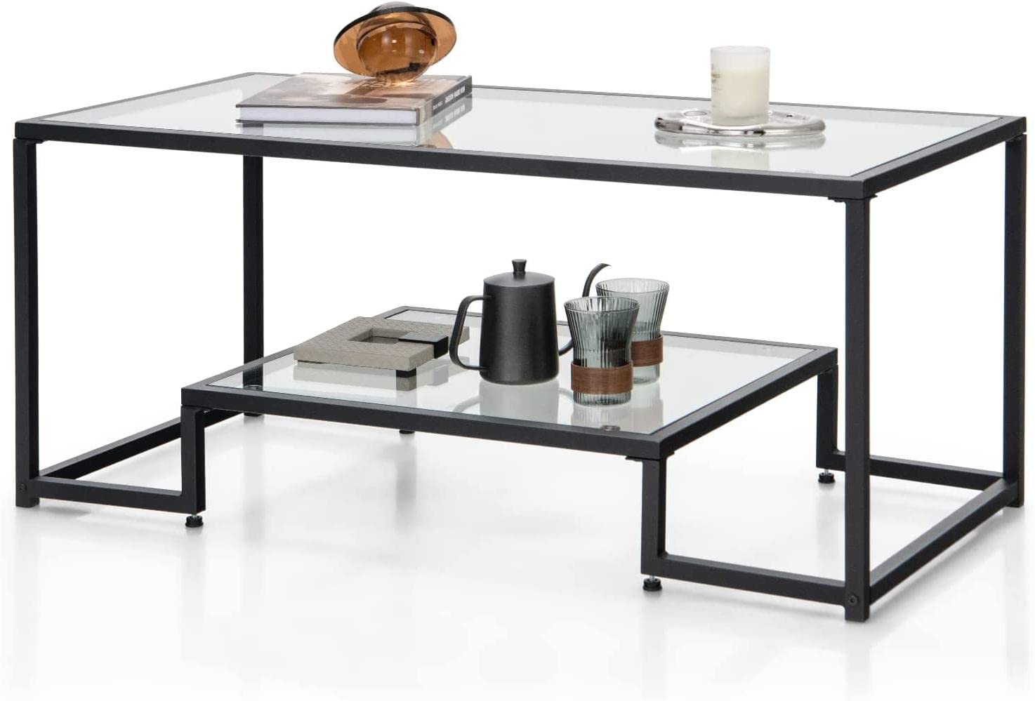NAFORT 45 Inch Gold Rectangular Tempered Glass Coffee Table with Lower Storage Shelf - Modern Living Room Center Table for Home Decor (Black) | Perfect for Small Spaces, Apartments & Contemporary Interiors