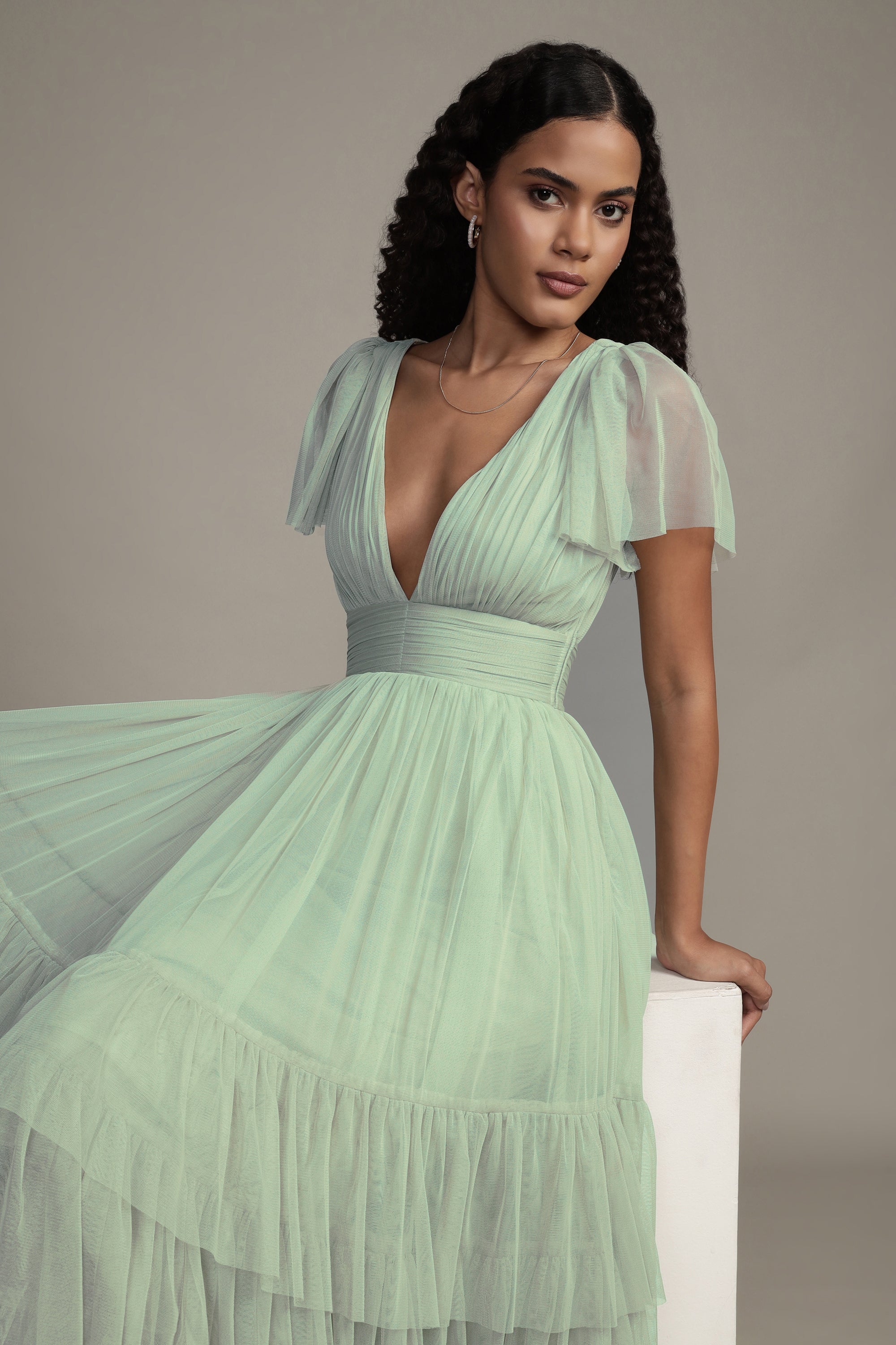 Madison Sage Green Tulle Bridesmaid Midi Dress - Elegant Tea-Length Formal Gown for Weddings, Parties & Special Occasions