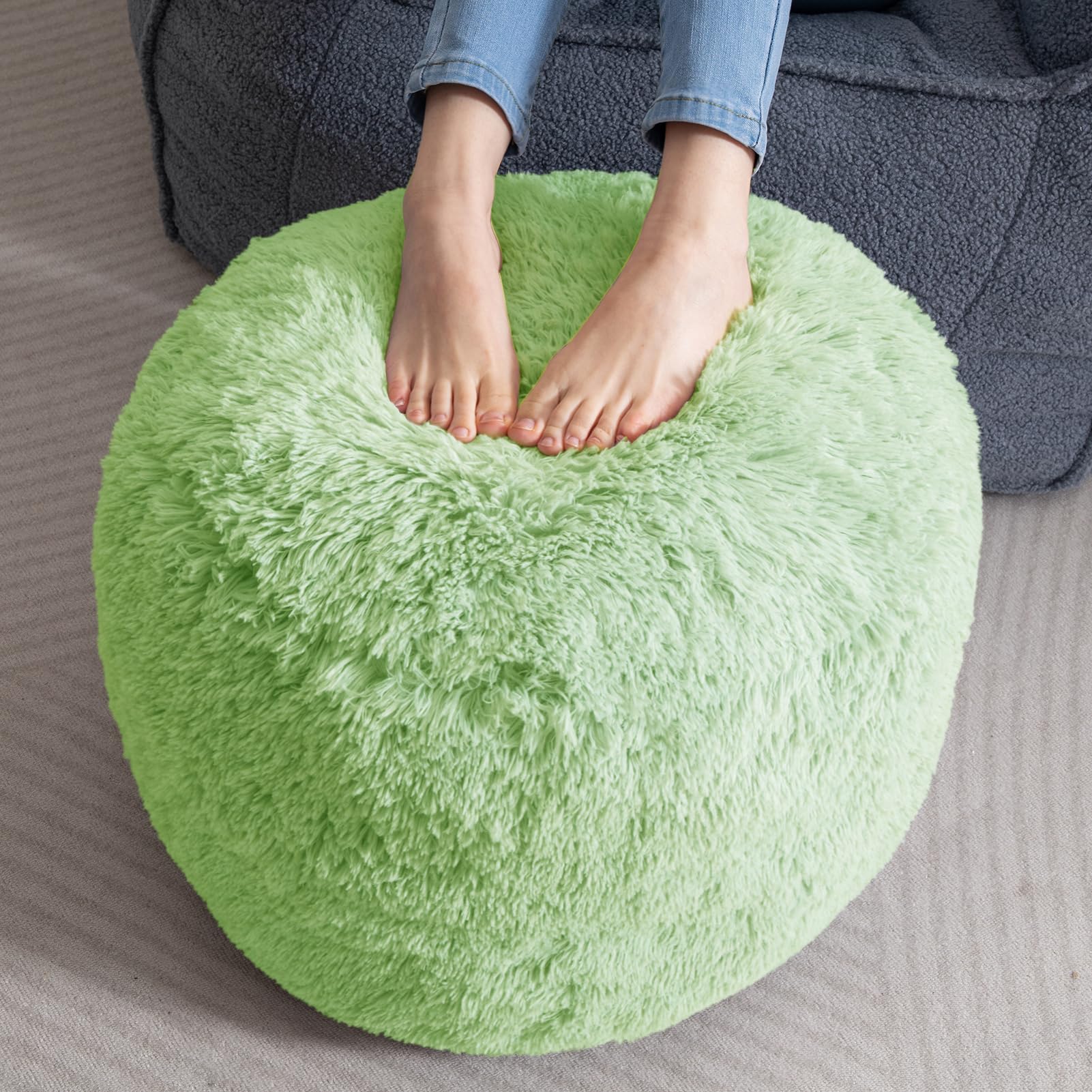 MAXYOYO Round Stuffed Pouf Ottoman - Long Faux Fur Footrest with Foam Chunk Filling, Green - Perfect for Living Room, Bedroom & Nursery Decor