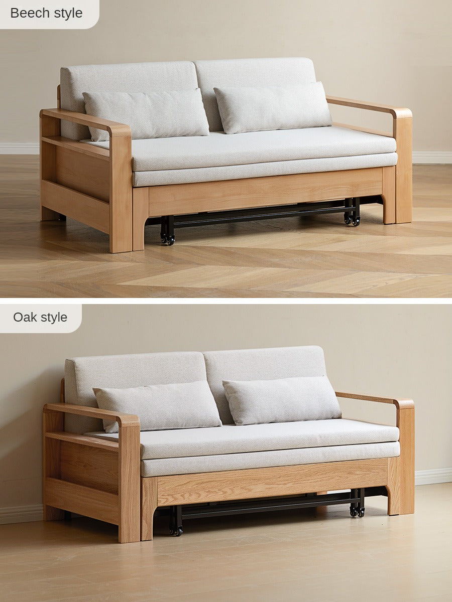 Solid Wood Sleeper Sofa - Beech & Oak Multi-Functional Convertible Sofa Bed for Living Room, Guest Room & Small Spaces