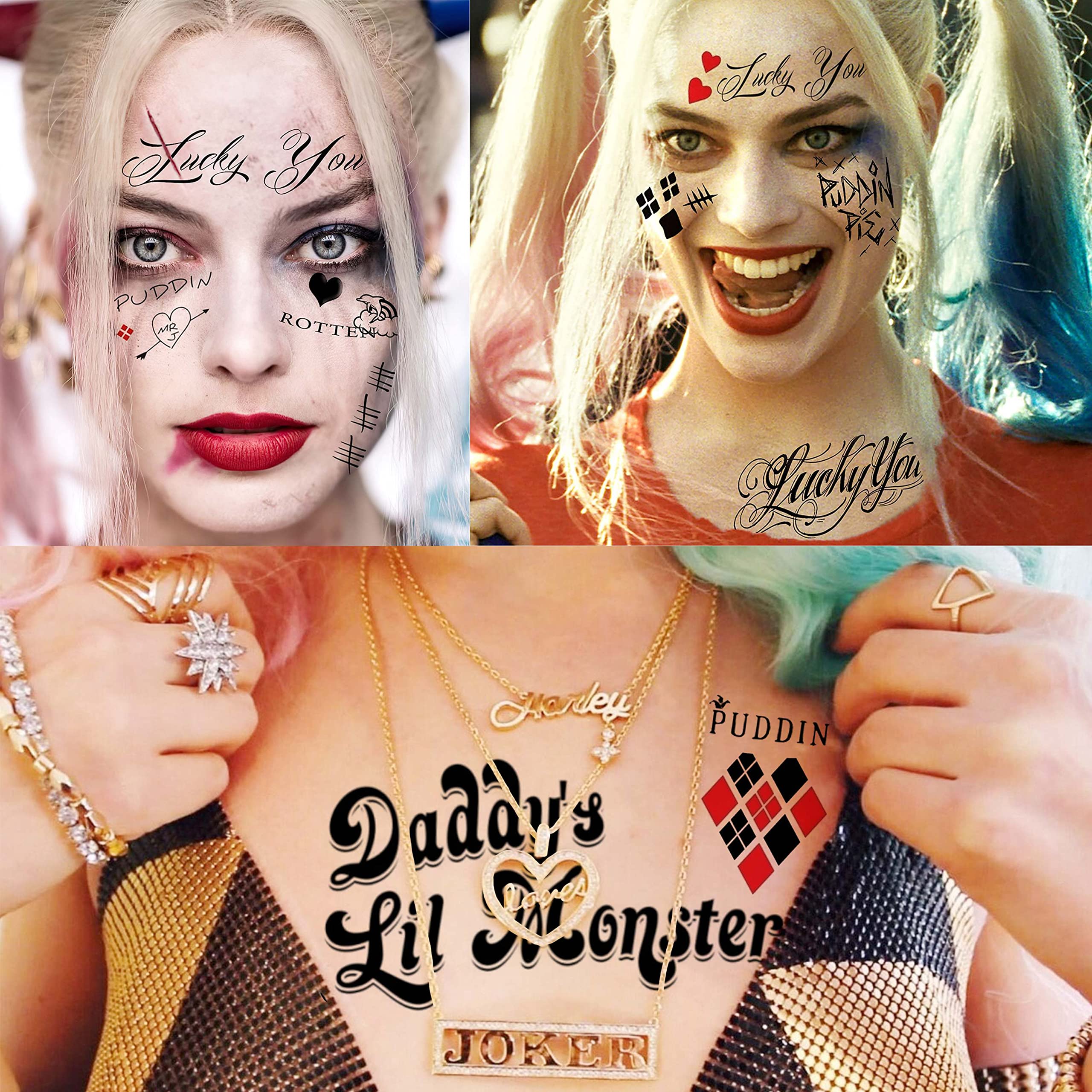 Premium 5-Pack Temporary Tattoos for Women & Adults - Halloween Makeup Kit with Joker Face Designs | Costume Party Accessories, Gothic Prisoner & Rapper Fake Tattoo Stickers for Halloween, Cosplay, Themed Parties & Festive Events