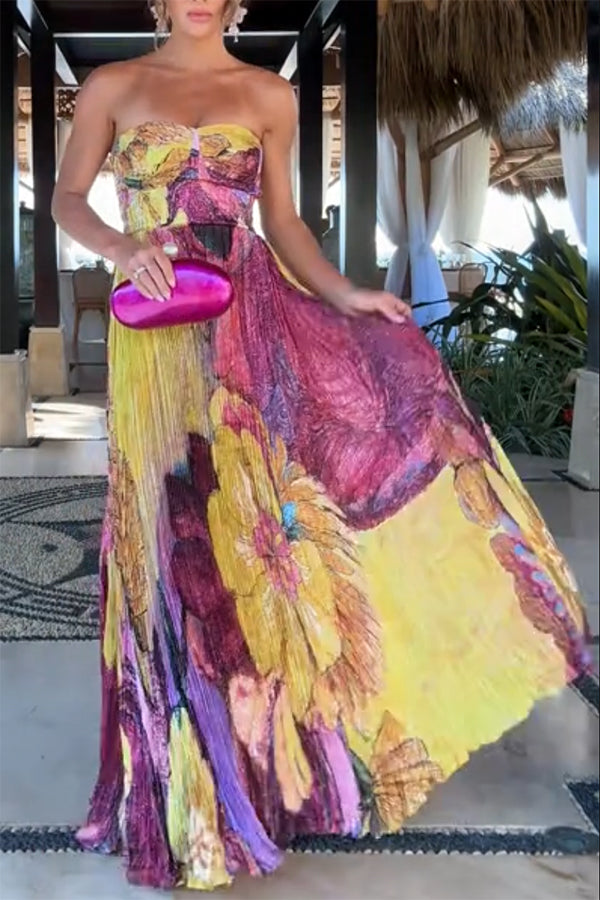 Elegant Floral Print Sweetheart Neck Pleated Maxi Dress for Women | Summer Beach Wedding Party Cocktail Dress