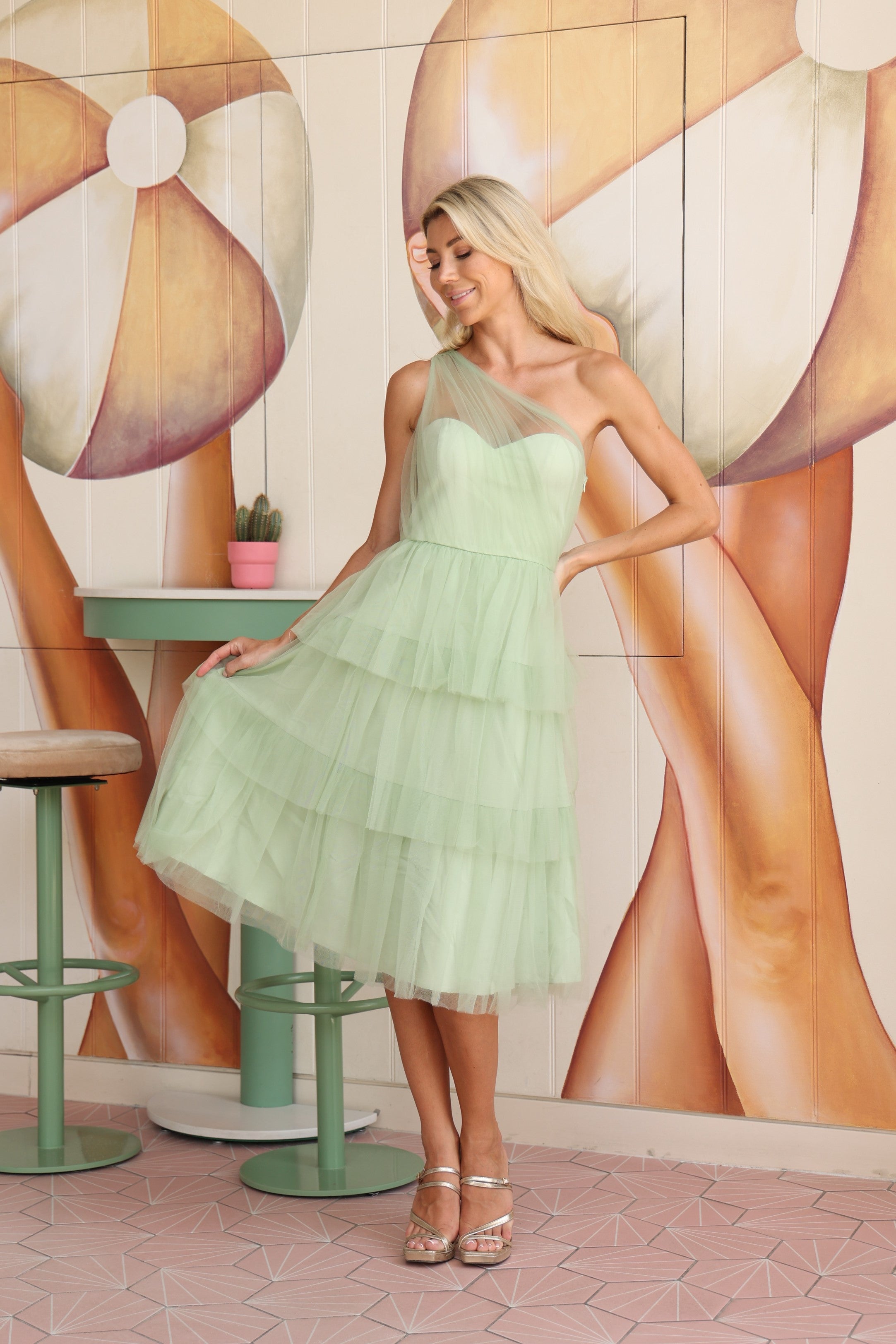 Leyana Elegant One Shoulder Tulle Prom Dress in Sage Green - Perfect for Evening Parties, Weddings & Special Occasions