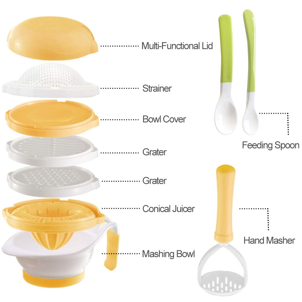 **Matyz 6-in-1 Baby Food Maker Set - BPA-Free Toddler Food Processor with Mash Bowl, Hand Masher, Citrus Juicer & Grater - Easy Homemade Baby Puree for Fruits & Vegetables - Perfect for Travel & Quick Meals (Yellow)**