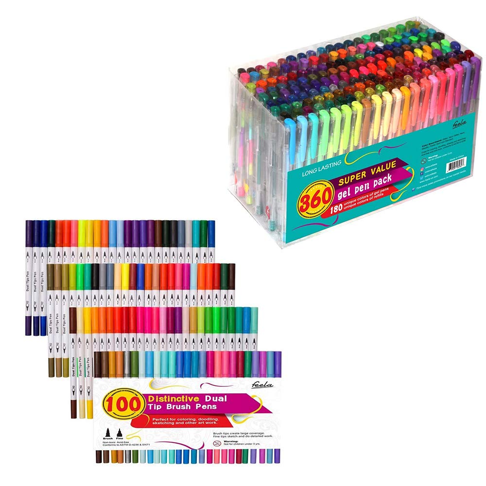 Feela 360 Pack Gel Pens - 100 Vibrant Colors Brush Markers for Adult Coloring Books, Art Journaling, Calligraphy & DIY Crafts | Premium Fine Tip Drawing Pens for Artists, Students & Office Use