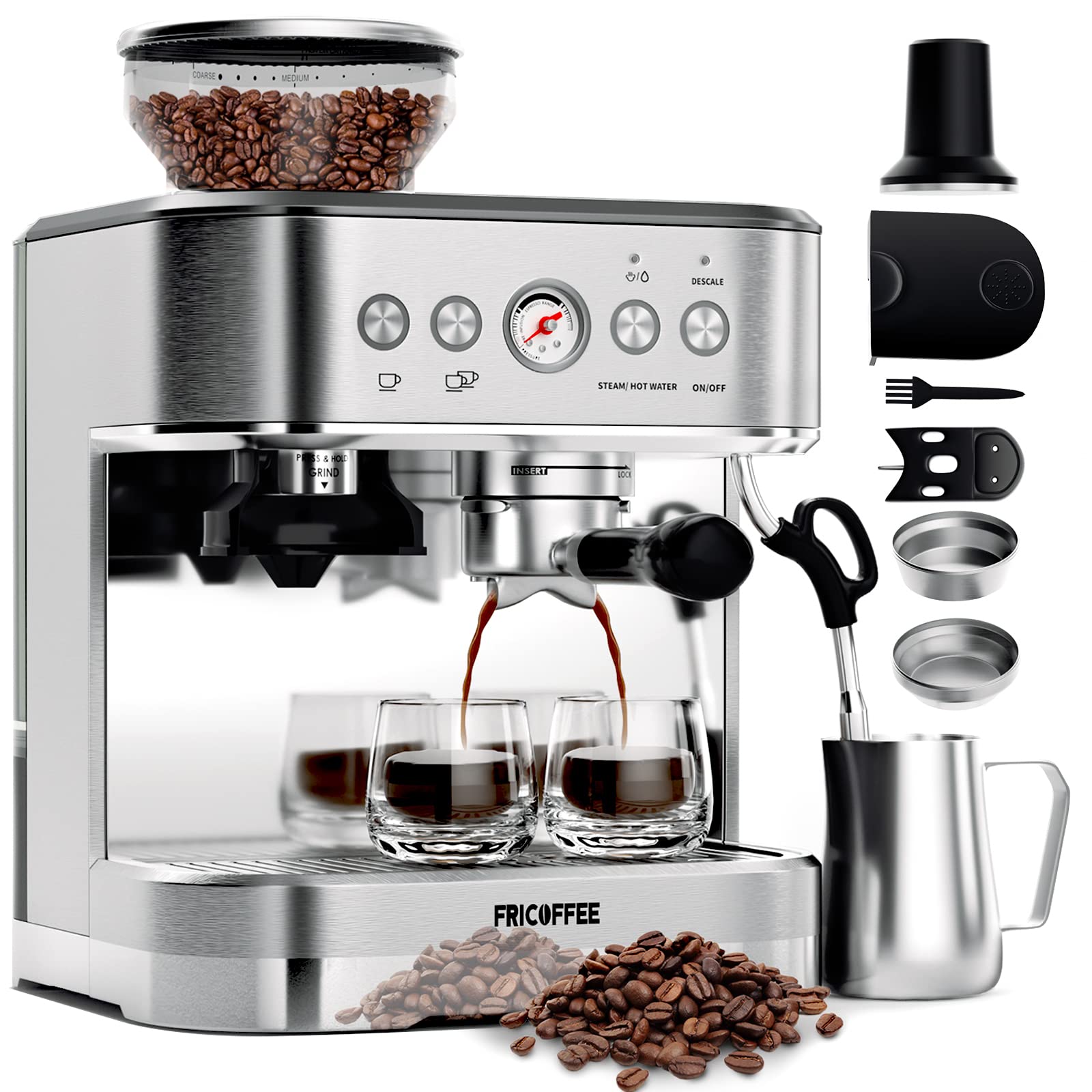 Premium Stainless Steel Semi-Automatic Espresso Machine with Built-in Grinder & Milk Frother - Perfect for Home Baristas & Coffee Lovers - Ideal for Making Espresso, Cappuccino, Latte & More at Home or Office